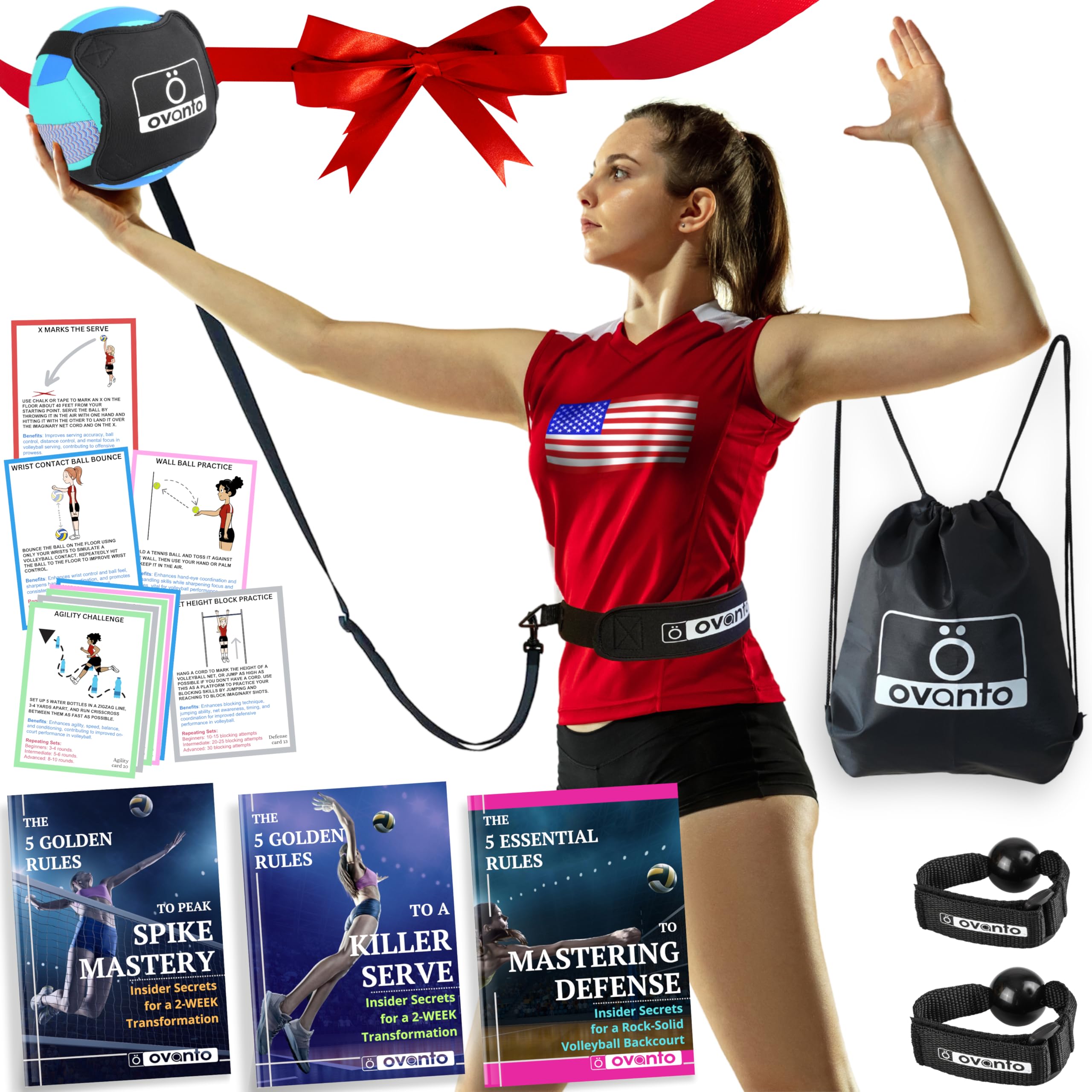 OVANTO Volleyball Training Equipment Aid - Solo Volleyball Trainer Kit to Serve & Spike Like A Pro - Fits 20-46” Waists, Reinforced Cord Stretching 21 ft - Great Volleyball Gifts for Teen Girls & Boys