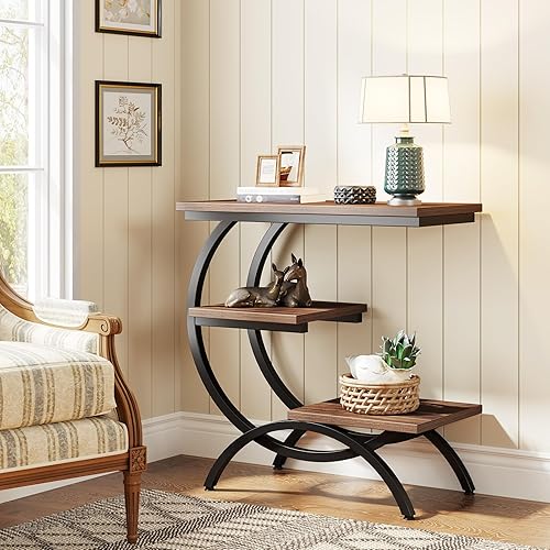 Miniatura 2 de Tribesigns Juego de 2 mesas auxiliares en forma de C, mesa auxiliar industrial de 3 niveles para sofá, mesita de noche de madera con estantes de