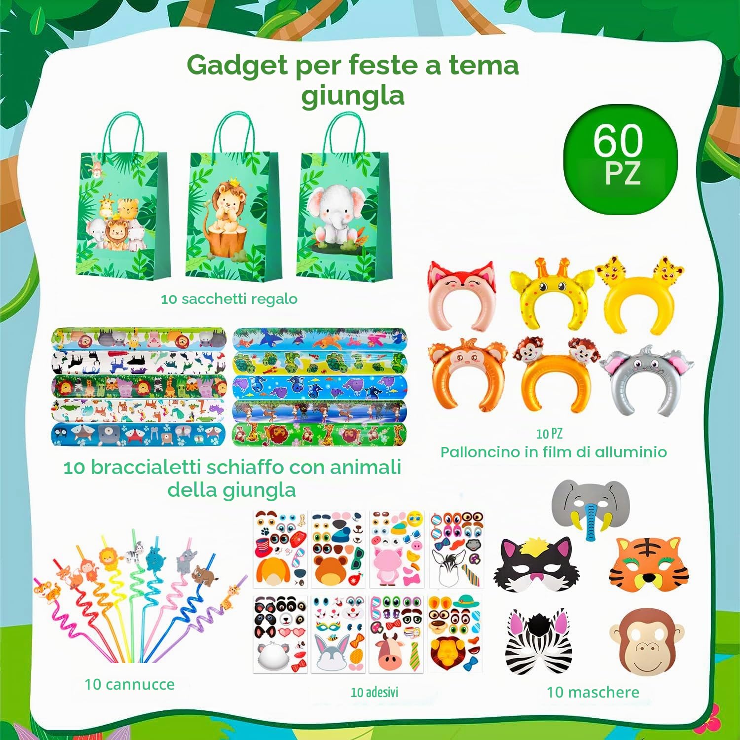 Regali di Animali della Giungla, 60 Pcs Set Bomboniere Safari - Sacchetti Animali Slap Bracelets Maschere Fasce per Capelli Gonfiabili Cannucce a Spirale Giungla Party Regalo per Bambino