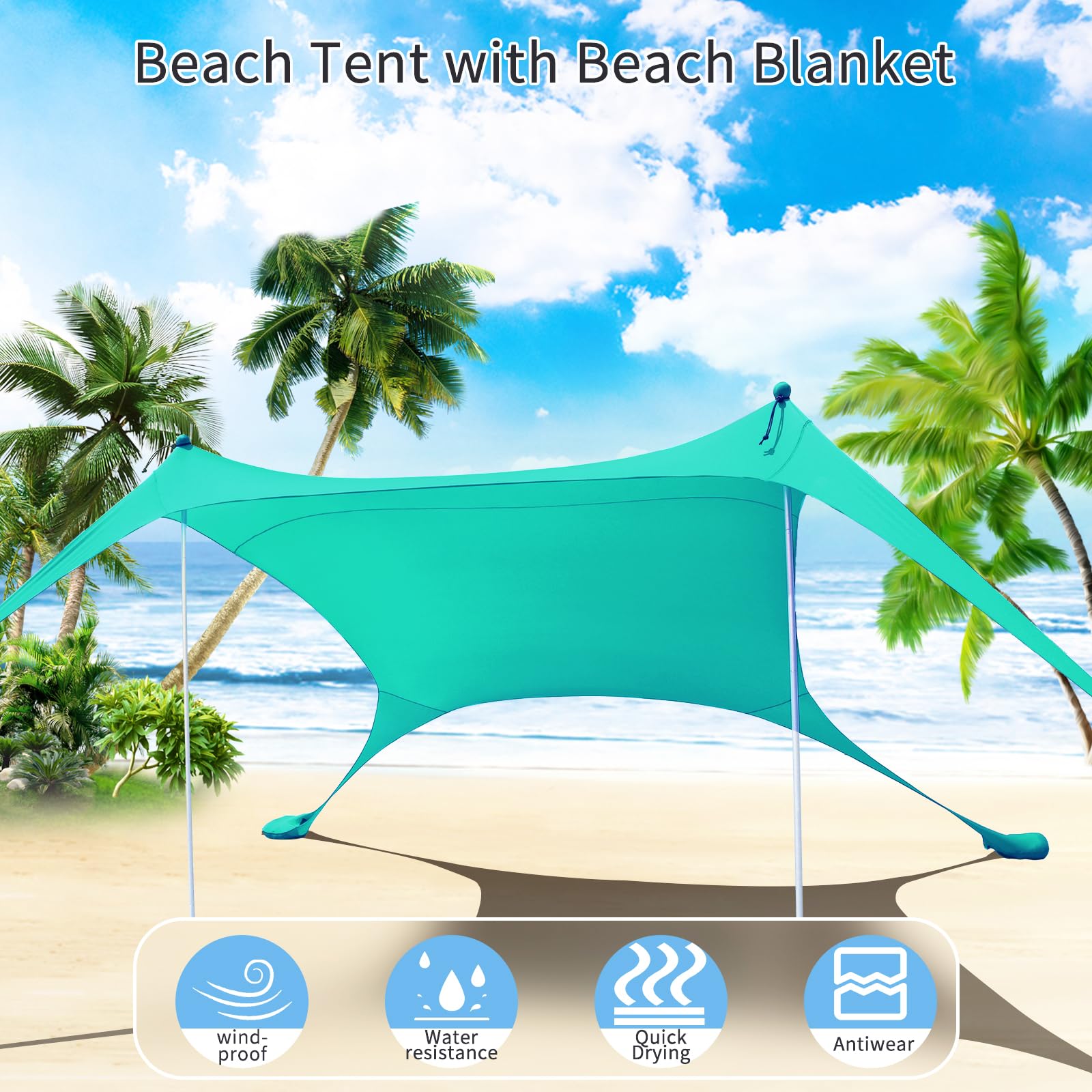 Strandzelt Pop-Up 2x2.1 m LSF 50 Lycra Sonnenschutz Anti-Wind mit Stabilitätsstangen