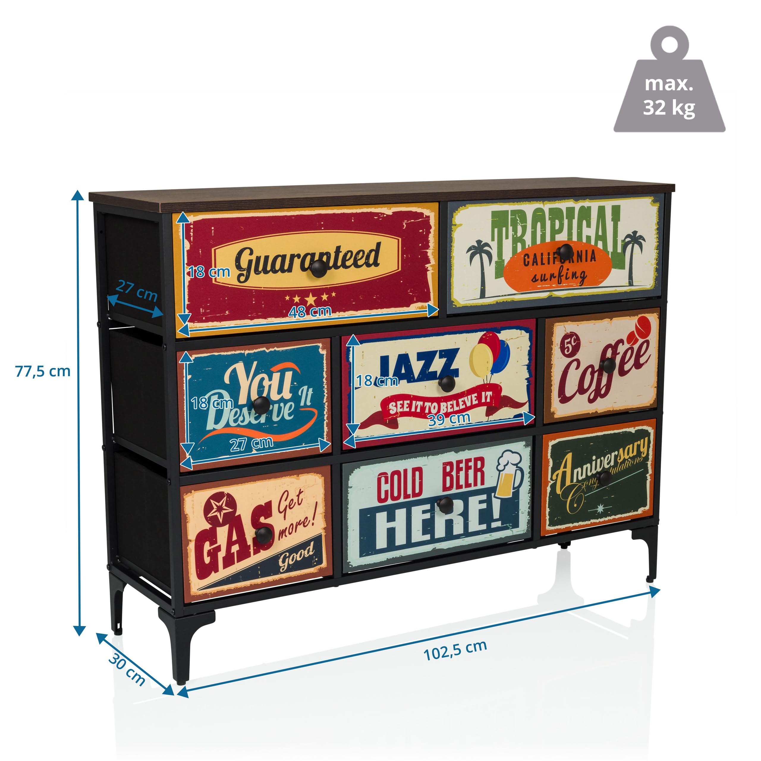 Kommode mit 8 Schubladen aus Vlies AMERIKO B 102,5x30x77,5 cm Schubladenschrank im Vintage-Look mit Motiven, Metall-Gestell