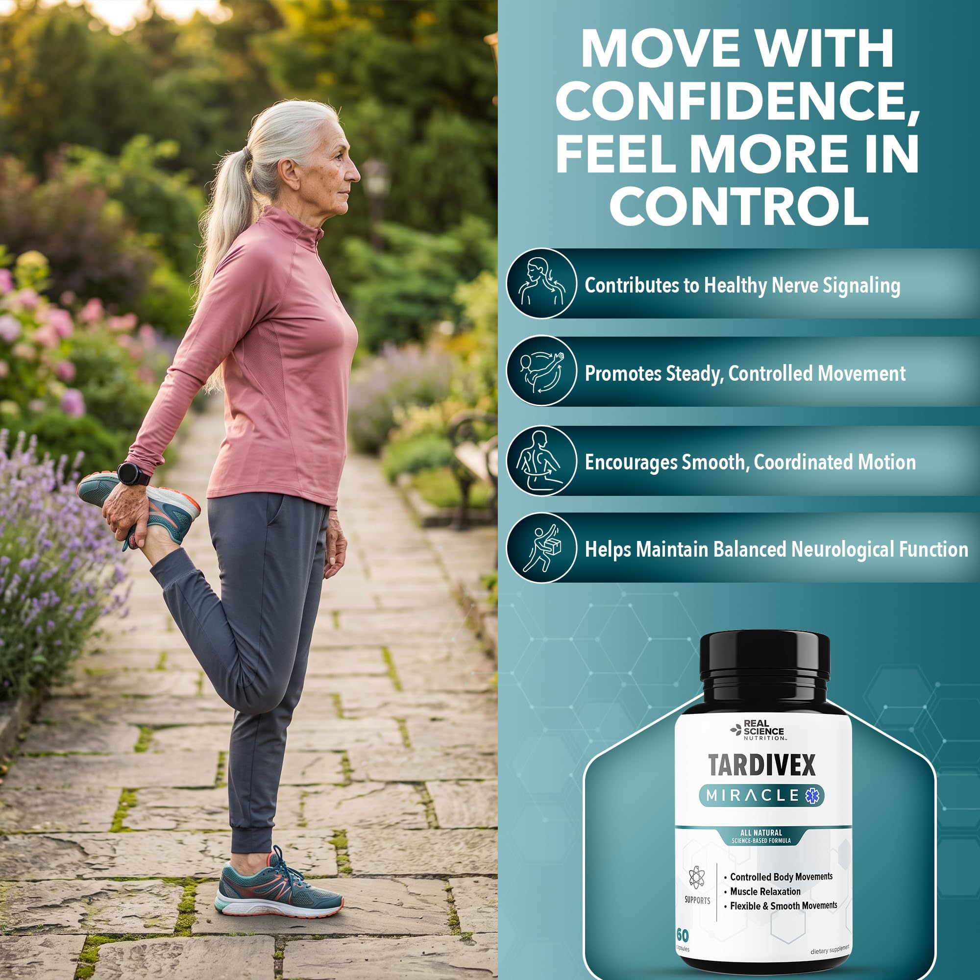 Real Science Tardivex All Natural Nerve Support Supplement for Neurological Balance - Includes Vinitrox, GABA & Essential Vitamins for Controlled Movement & Coordination - Made in USA, 60 Caps — Amazon image 2