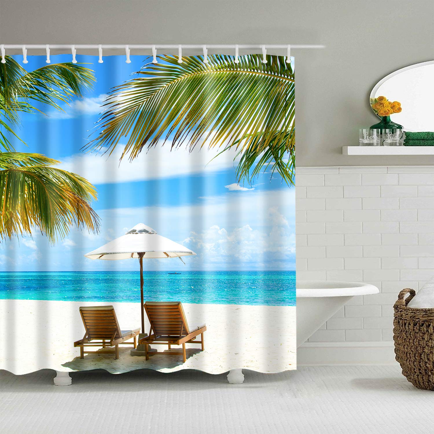 StoneMaxi Waterproof 180 x 180 Polyester Bathroom Shower Curtain Print Fabric With 12 Hooks, Multiple Designs Landscape with Anti-Mould Proof Resistant Machine Washable (Beach and Chairs)