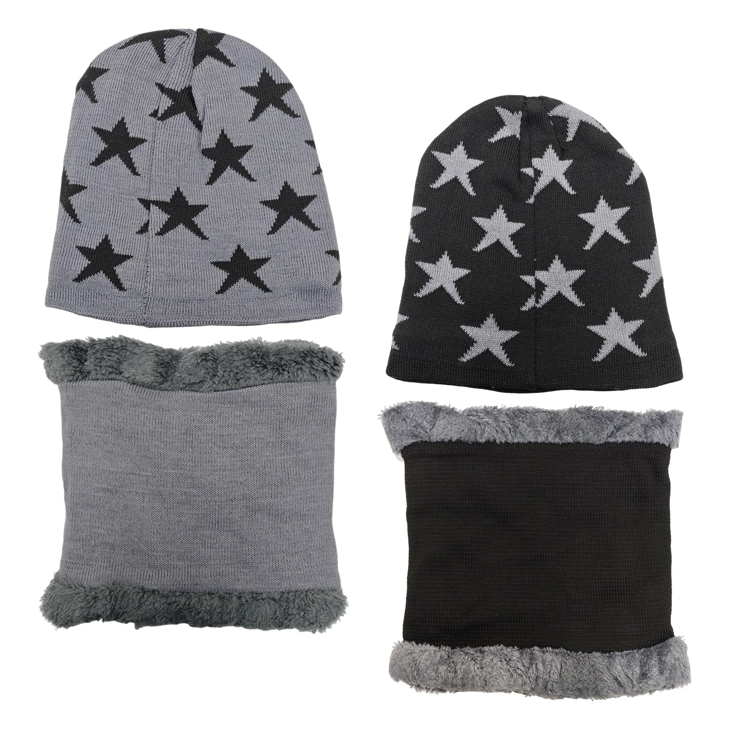 Vehyegoi Unisex Kids Black 2 Sets Of Knitted Hats And Scarves, Children's Winter Warm Products, Fleece Windproof Hats, Neck Warmers