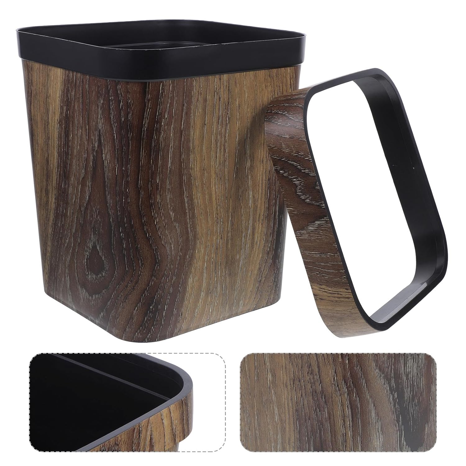 Square Plastic Trash Can Household Wastebasket Rubbish Storage Bin Without Lid Wood Grain Design Coffee Color for Office Home Organization