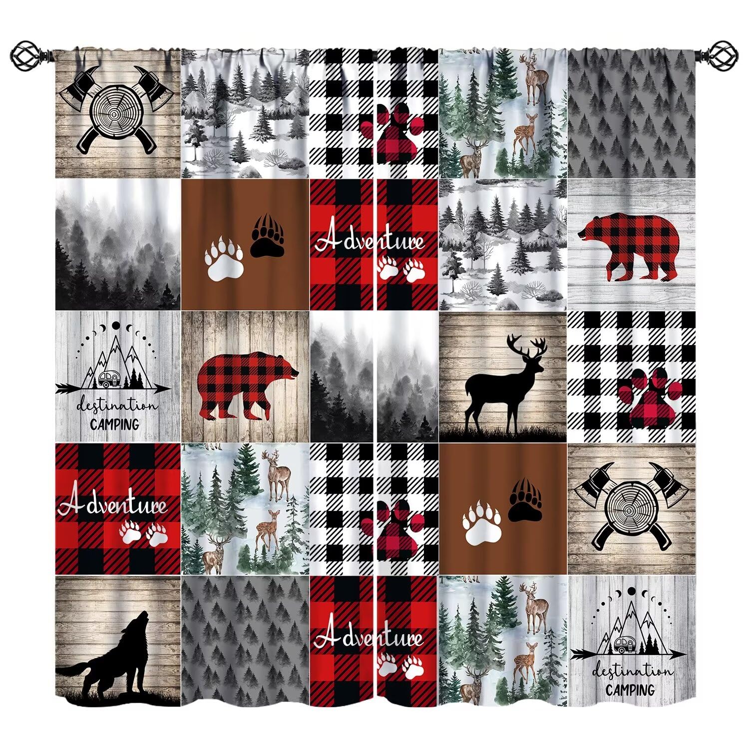 Rustic Cabin Kitchen Curtains Retro Farmhouse Bear Deer Wolf Forest Wooden Camping Red Buffalo Plaid Lodge Farm Printed Rod Pocket Blackout Window