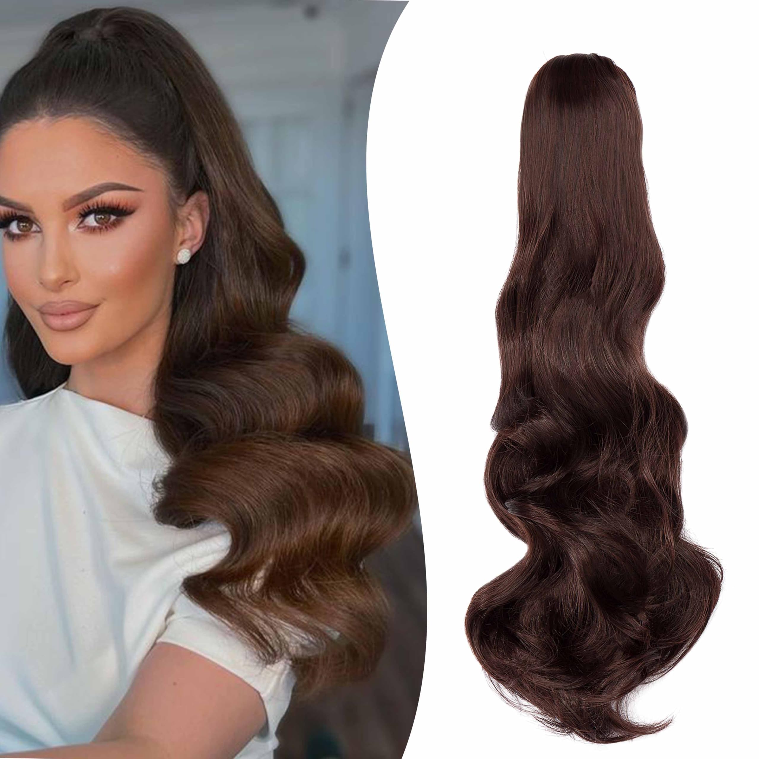 Gairyan 50cm Coda Capelli Extension con Pinza Posticci per Capelli Sintetici Coda di Cavallo Claw Ponytail Coda Capelli Extension Clip Ricci Mossi Ondulati Lunghi, Marrone scuro & Auburn scuro