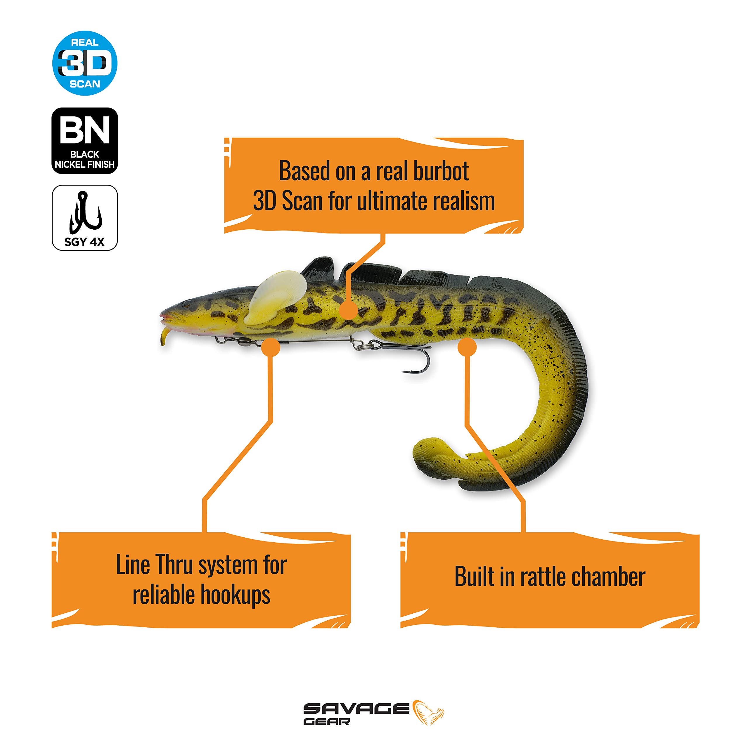 Savage Gear 3D Burbot Ribbontail Fishing Bait, 3 oz, Walleye, Realistic Contours & Movement, Durable Construction, Hybrid Line Thru Design, Built-in Glass Rattle, Available in 3 Sizes