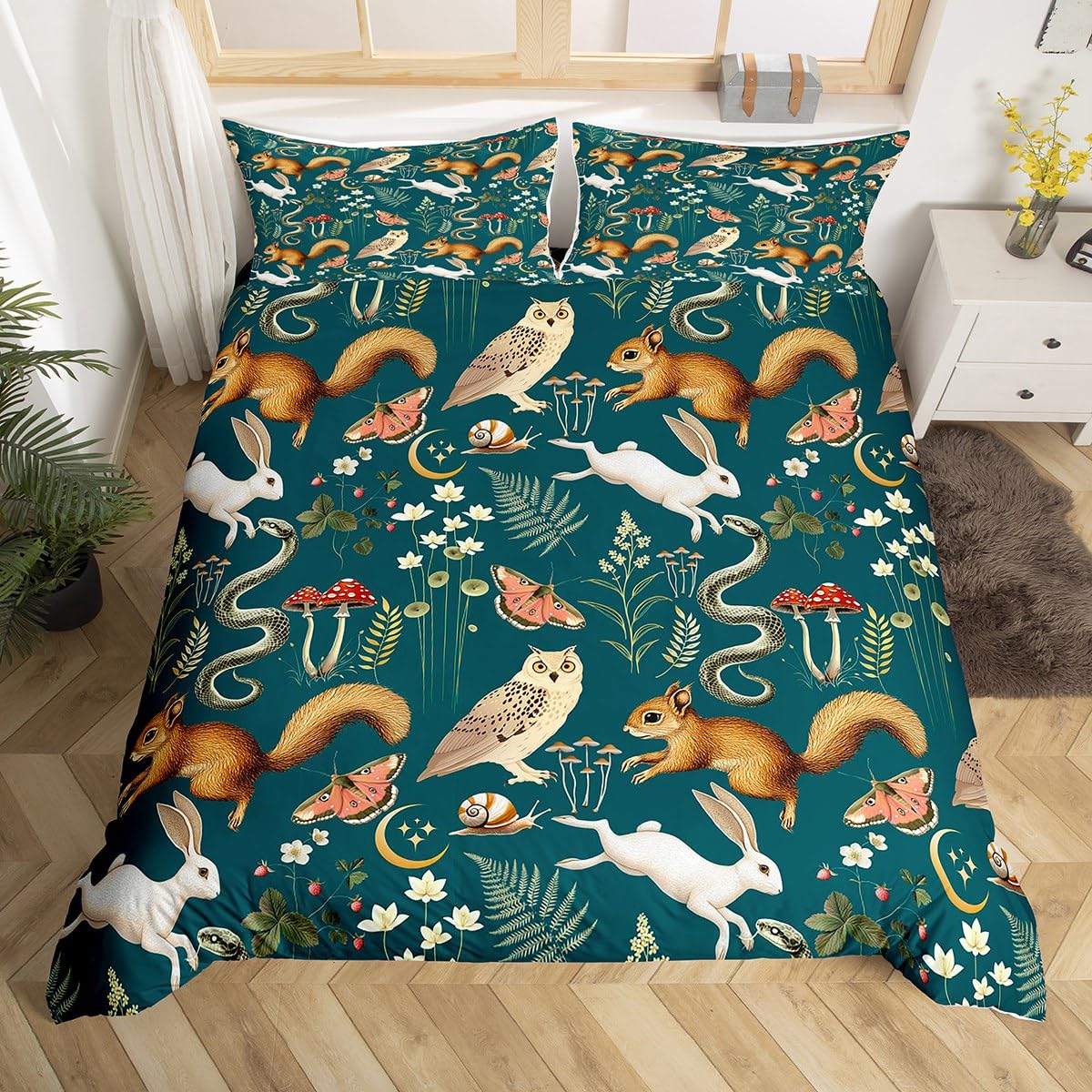 Loussiesd Animal Duvet Cover Double Size Rabbits Squirrels Foxes Comforter Cover for Boys Girls Flowers Bedding Set 3Pcs Zoo Animal Room Decor Breathable Soft Lightweight Microfiber — image 1