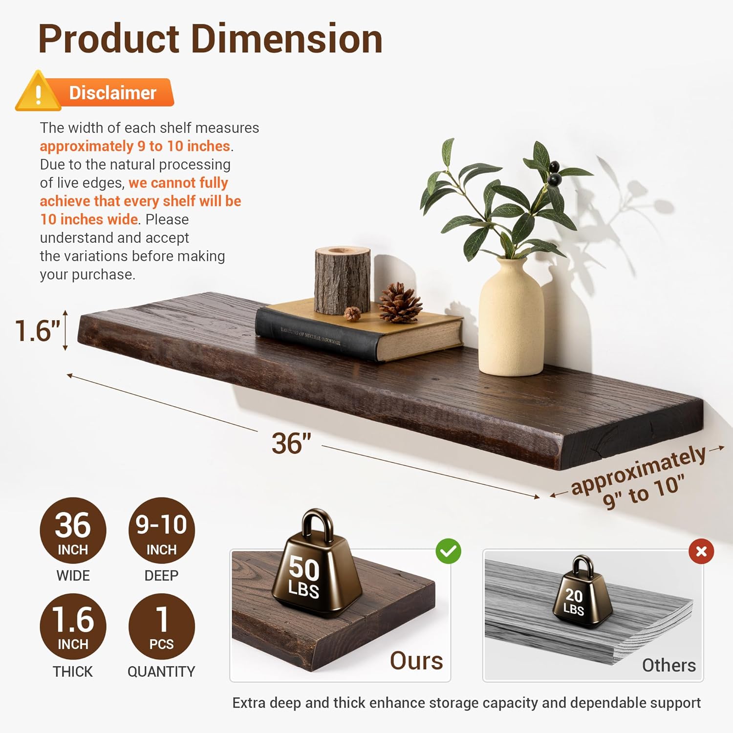 fuqing Solid Elm Wood Floating Shelves for Wall - 36 Inch Wide x 9 Inch Deep Rustic Live Edge Floating Shelves Wall Mounted - Natural Wooden Shelves with Upgraded Heavy Duty Brackets and Anchors