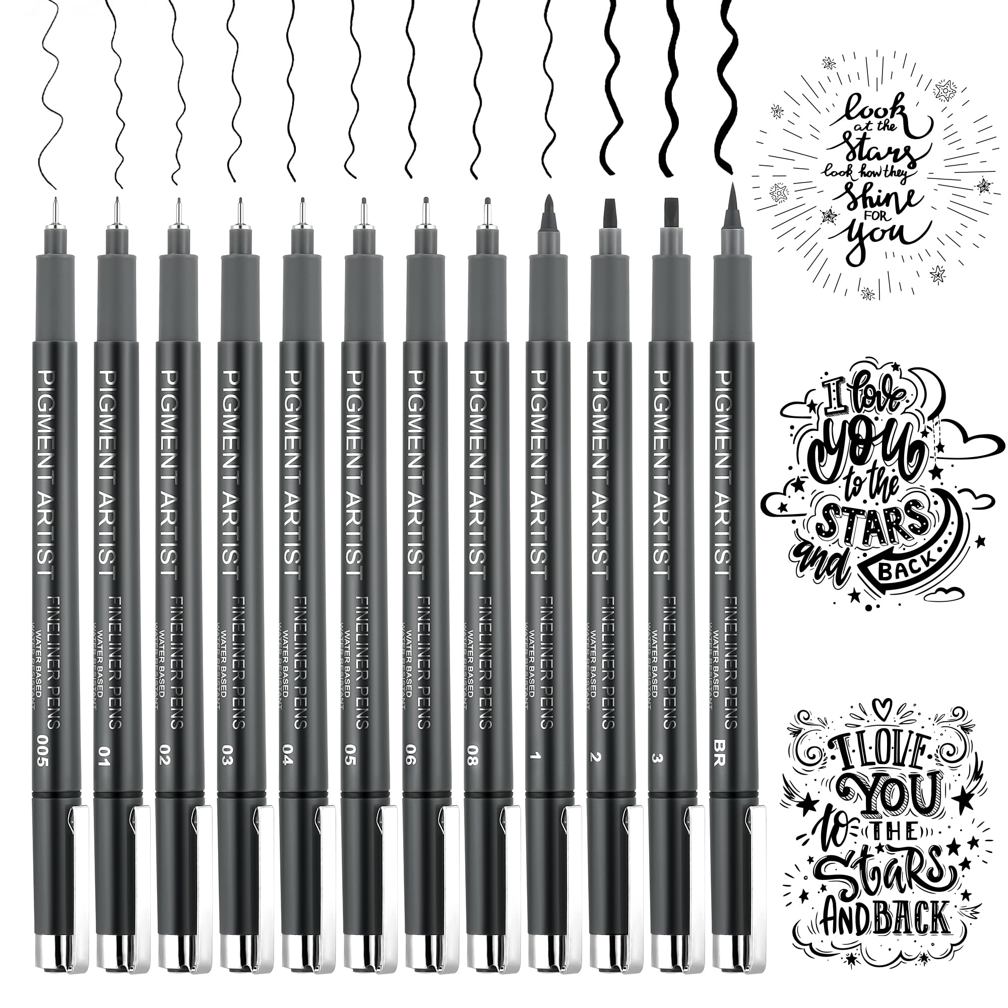 12 Piezas Bolígrafos de Punta Fina, Rotuladores Negro Lettering Rotuladores, Fineliner Bolígrafos, Bullet Journal Accesorios, Negro Pluma de Dibujo