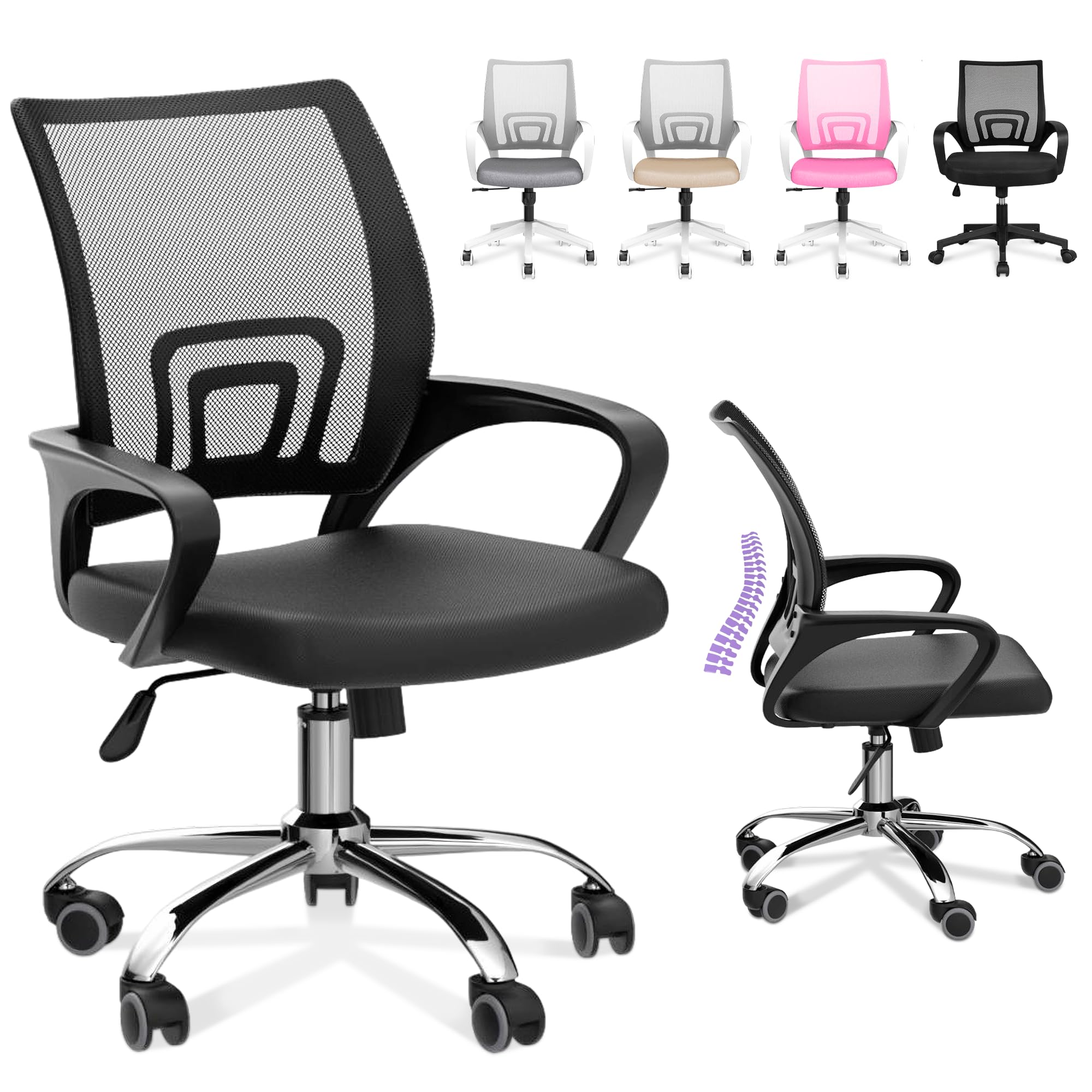 JUPPLIES Silla Escritorio Ergonomica - Silla Oficina con Apoyo Lumbar, Estructura de Acero, Malla Transpirable, Ruedas Giratorias 360° Soporta hasta 120kg