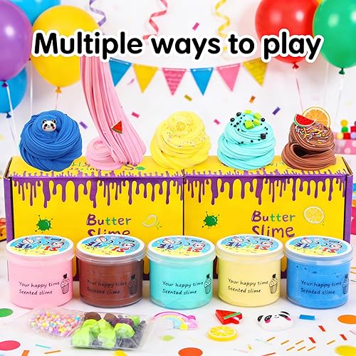 Miniatura 6 de Paquete de 5 kits de slime de mantequilla, regalos de cumpleaños para niños, recuerdo de fiesta para niñas y niños, no pegajoso, juguete de lodo