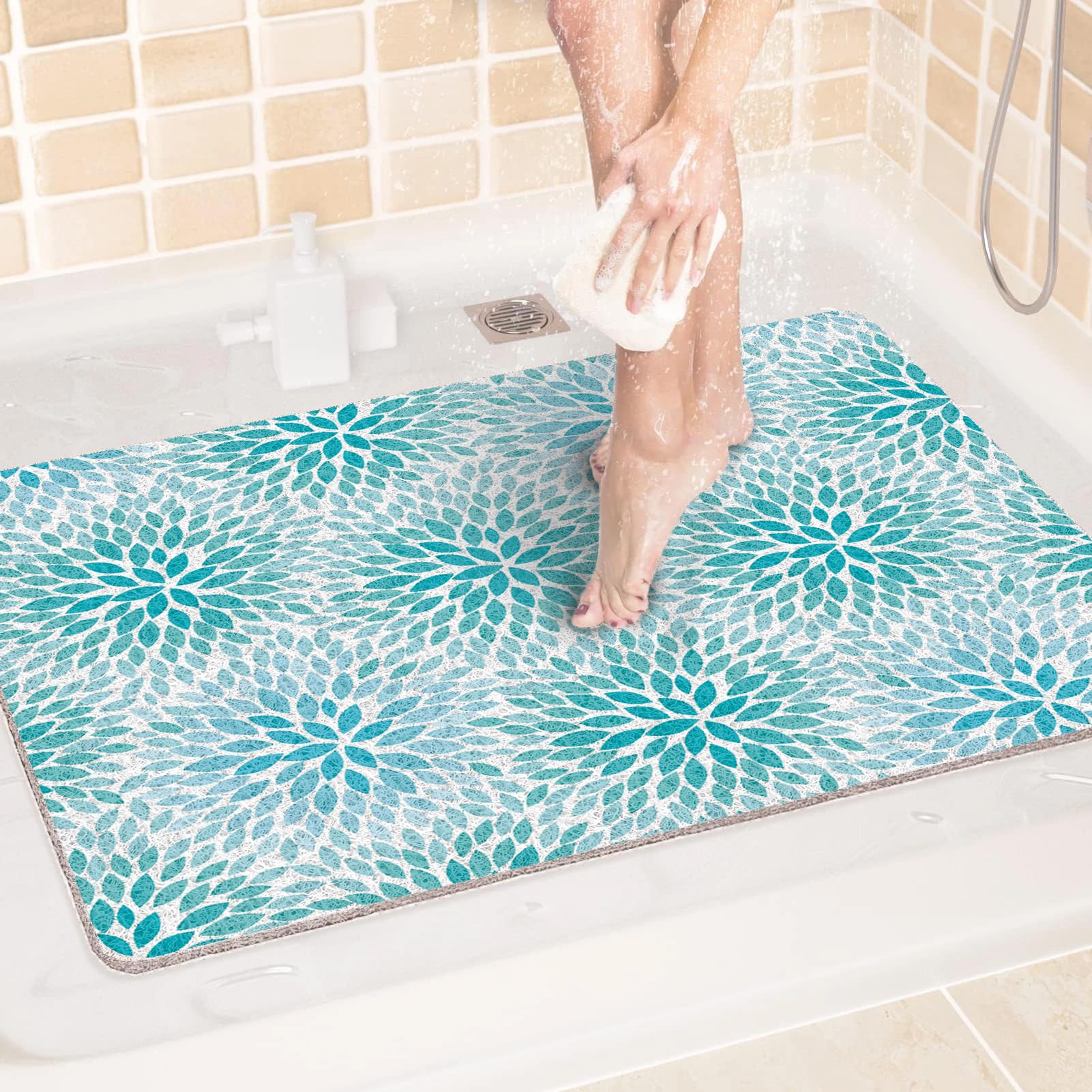 Tappetino da bagno antiscivolo, 100 x 140 cm, extra lungo, per interni, in morbido PVC, con scarico, ad asciugatura rapida, per aree umide, senza ventosa, colore: bianco turchese