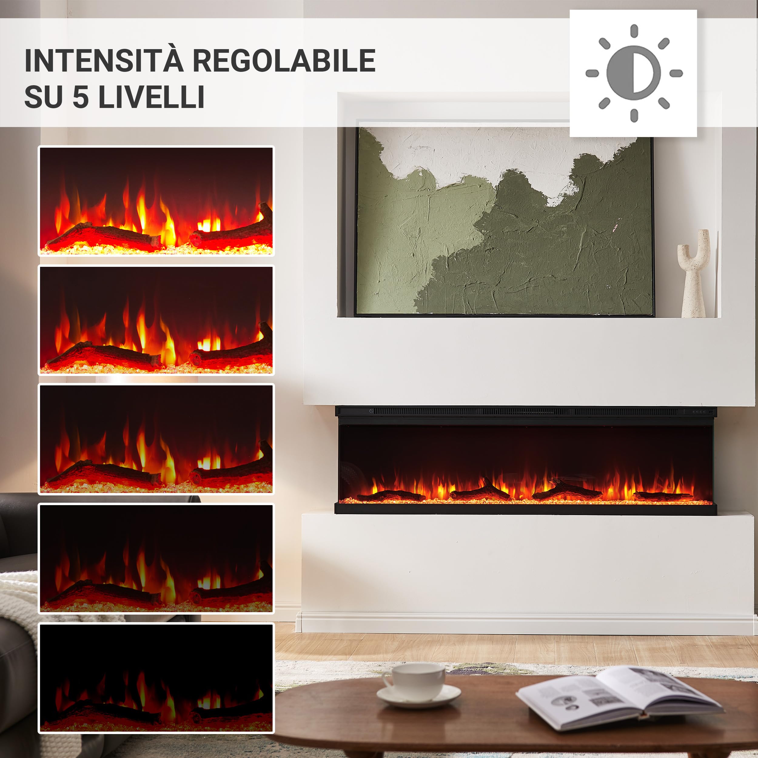 BALDERIA Camino elettrico Orson | Camino elettrico da parete/incasso, effetto fiamma LED 3D, dimmerabile, camino con riscaldamento da 1800 W di potenza, timer (60")