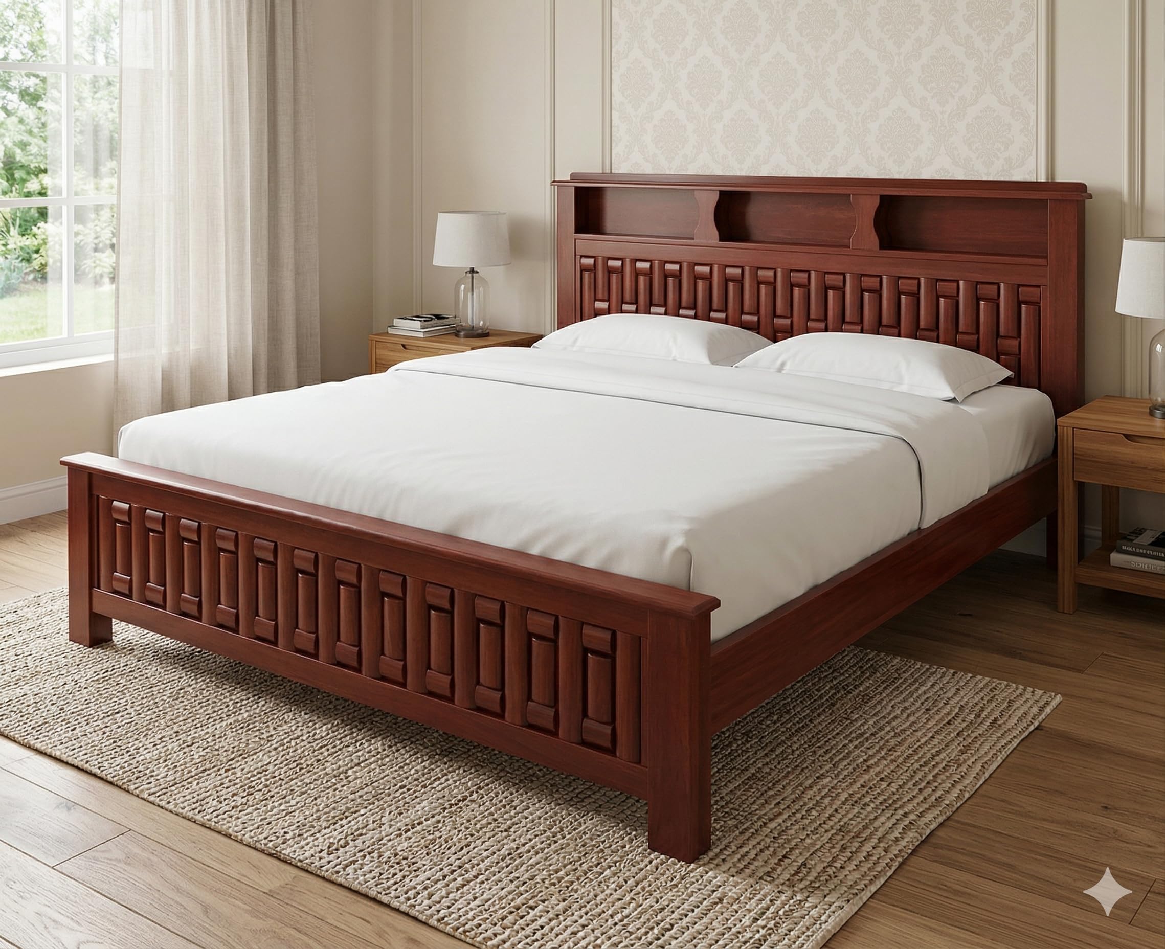 Daryoo - Teak Wood Queen Size Bed | Storage Headboard | Modern Mahogany Finish | Integrated Shelves Cot for Bedroom Furniture-image-16