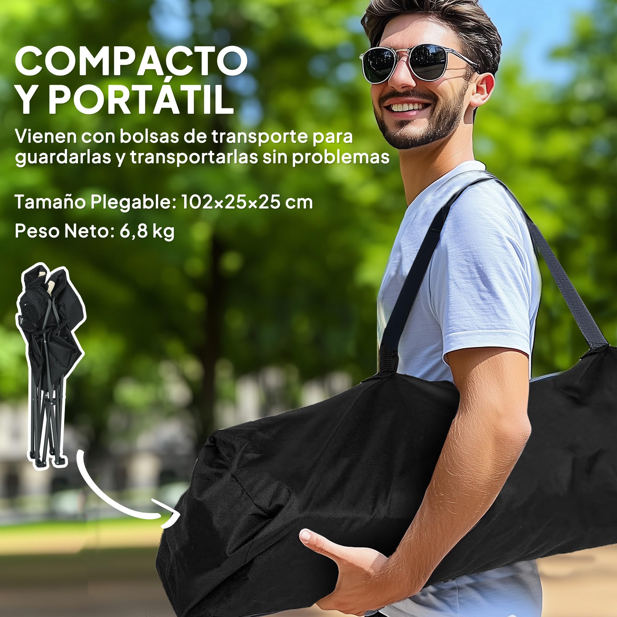 Outsunny Conjunto de 2 Sillas Plegables Camping con Respaldo Alto Sillas de Camping Portátil Acolchado con Reposabrazos Portavasos y Bolsas de Transporte para Acampada Jardín Terraza Crema y Negro