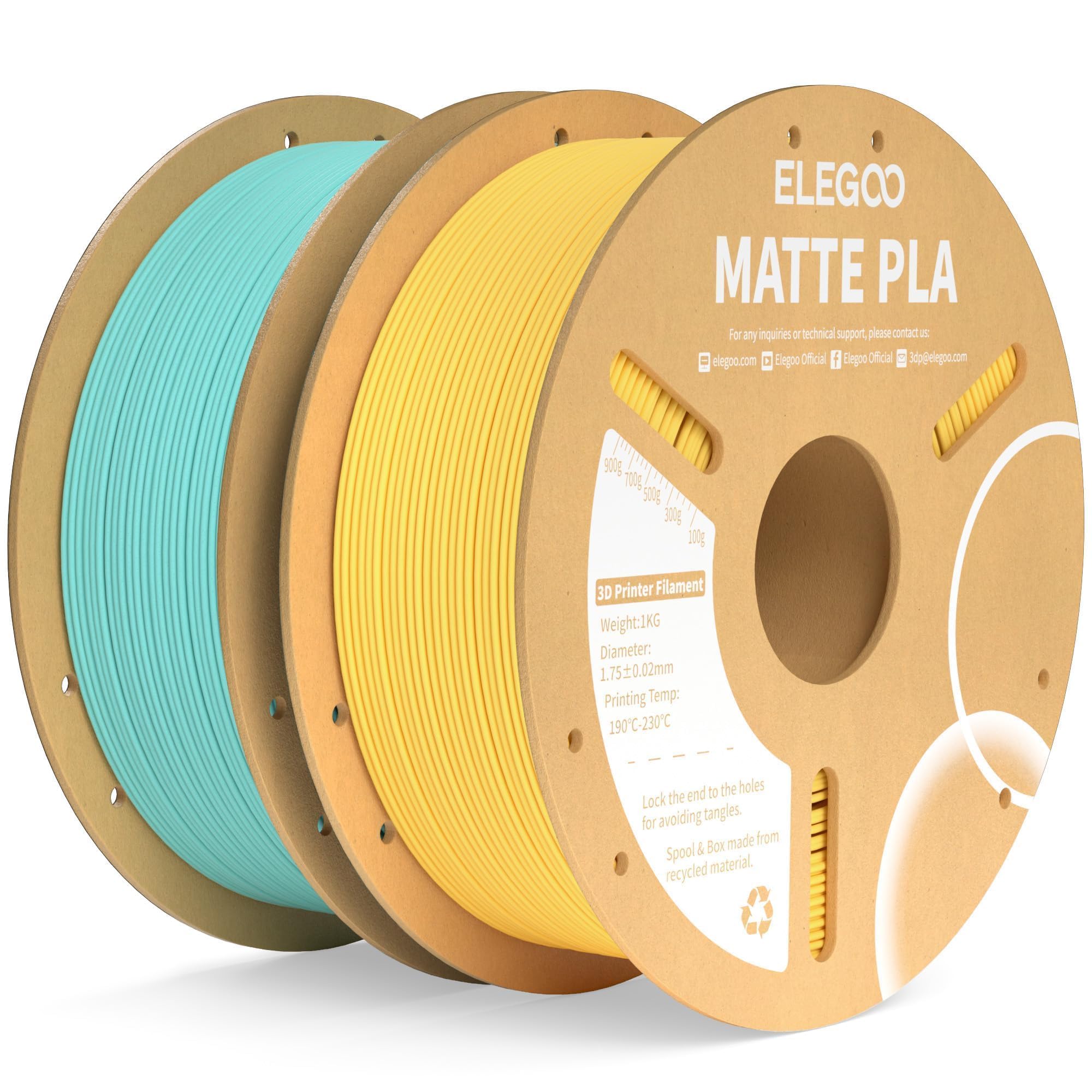 ELEGOO Matte PLA Filament Teal Green & Sunshine Yellow 2KG, 1.75mm 3D Printer Filament Dimensional Accuracy +/- 0.02mm, 2pcs 1kg Carboard Spool (