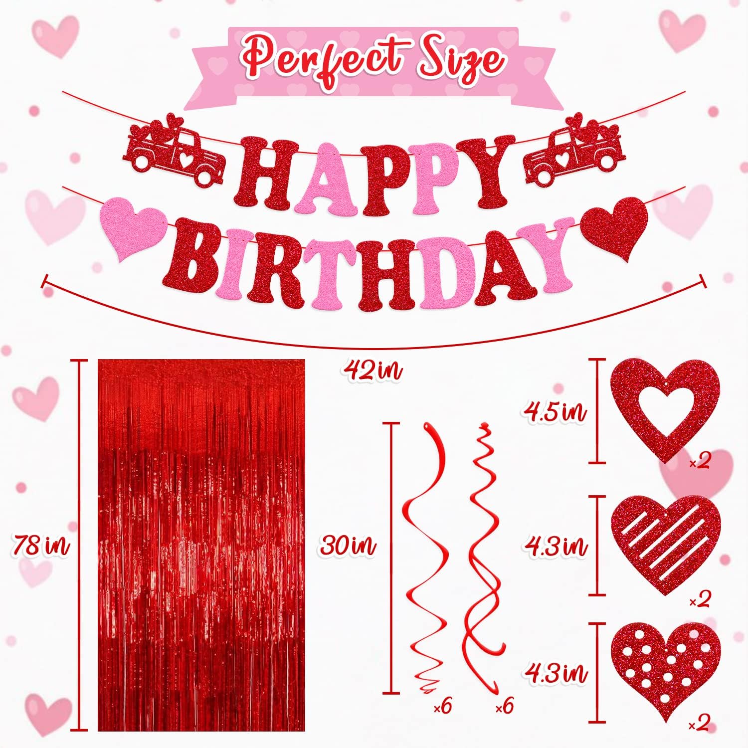 21 PCS Valentine's Birthday Decorations Happy Birthday Banner with Red Heart Hanging Swirls and Foil Curtain Backdrop for Home Wall Door Romantic Bday Party Supplies