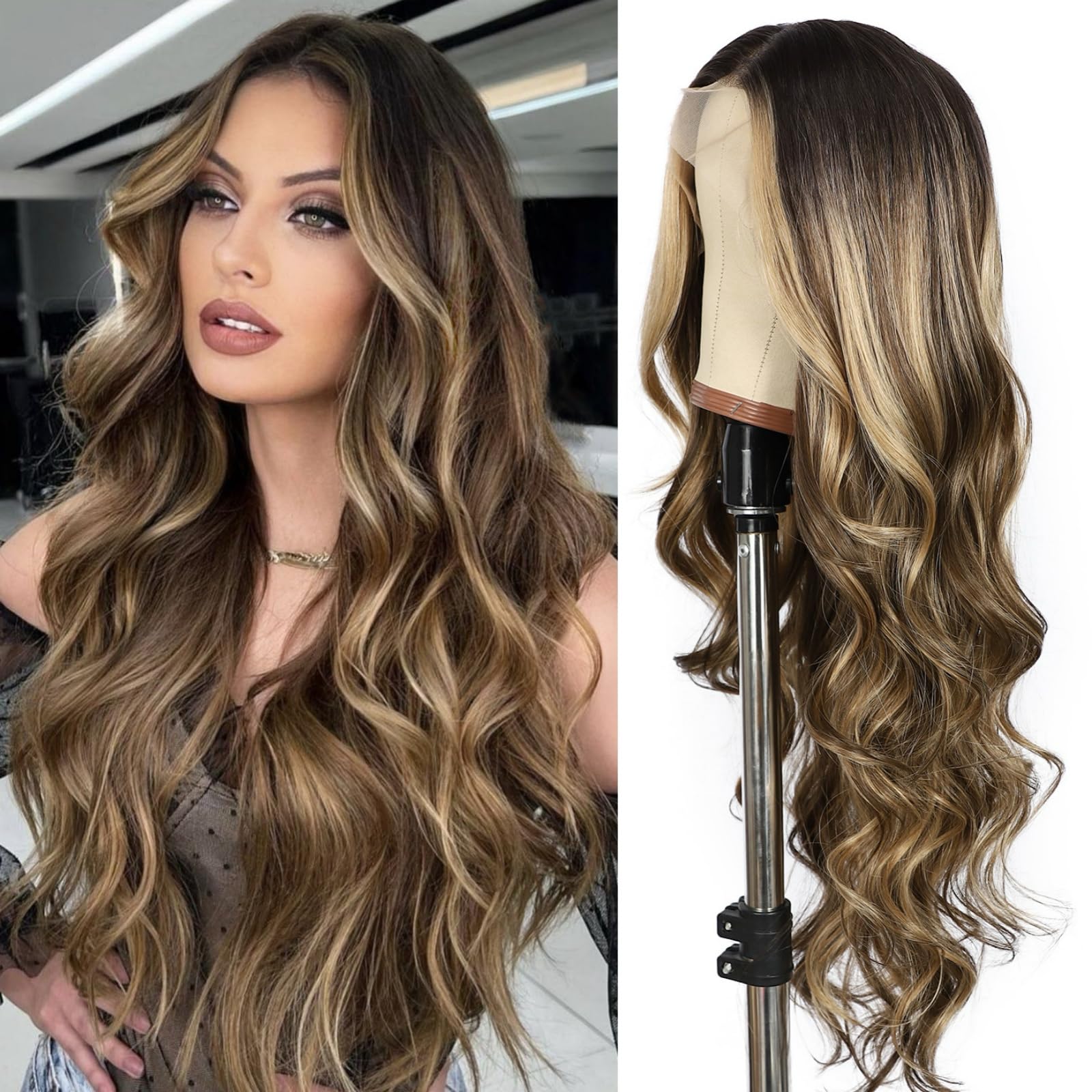 SAPPHIREWIGS Body Wave Lace Front Wigs Brown Mix Blonde Glueless Natural Wave 13×4 Lace Wig Synthetic Heat Resistant Fiber Hair Pre Plucked With Baby