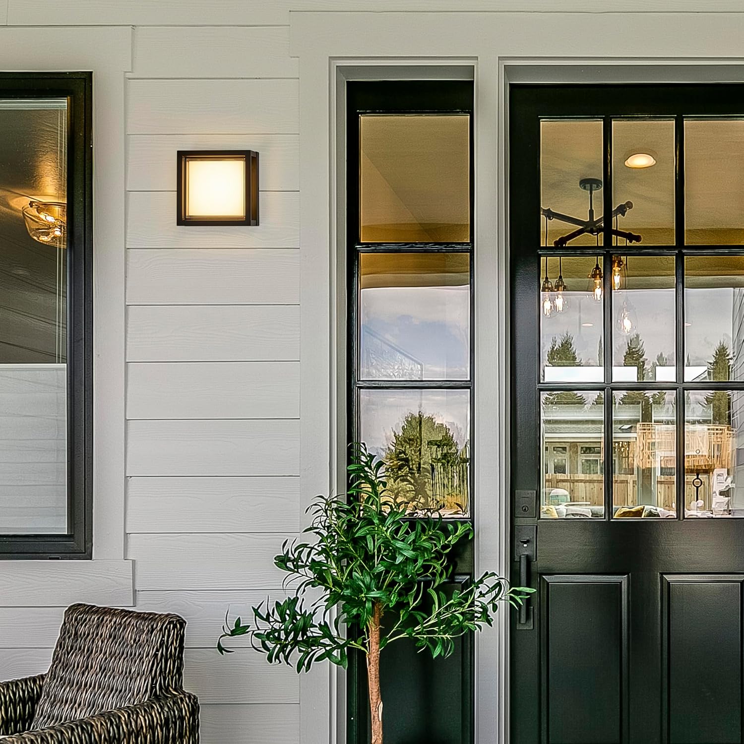 Maxxima LED Porch Lantern Outdoor Wall Light, Black with Clear Lens, 1200 Lumens, 5 CCT 2700K/3000K/3500K/4000K/5000K, Modern Exterior Patio Sconce Lantern