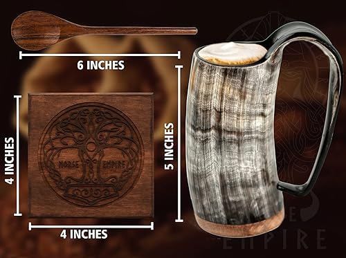 Miniatura 7 de Taza de café con cuerno vikingo, 12 onzas, cuchara de madera y cuchara de madera, juego de 3 piezas, tazas de cuerno de buey para beber de forma