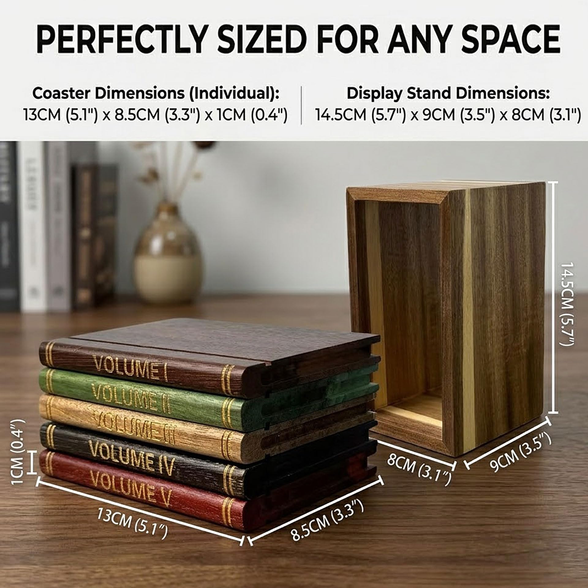 Book Coasters Zestaw 5 podstawek z drewna akacjowego, z uchwytem na napoje, do baru, filiżanki, szklanki, podstawki na stół, dekoracyjne, prezenty, 2 zestawy 5,9 x 8 x 14,5 cm