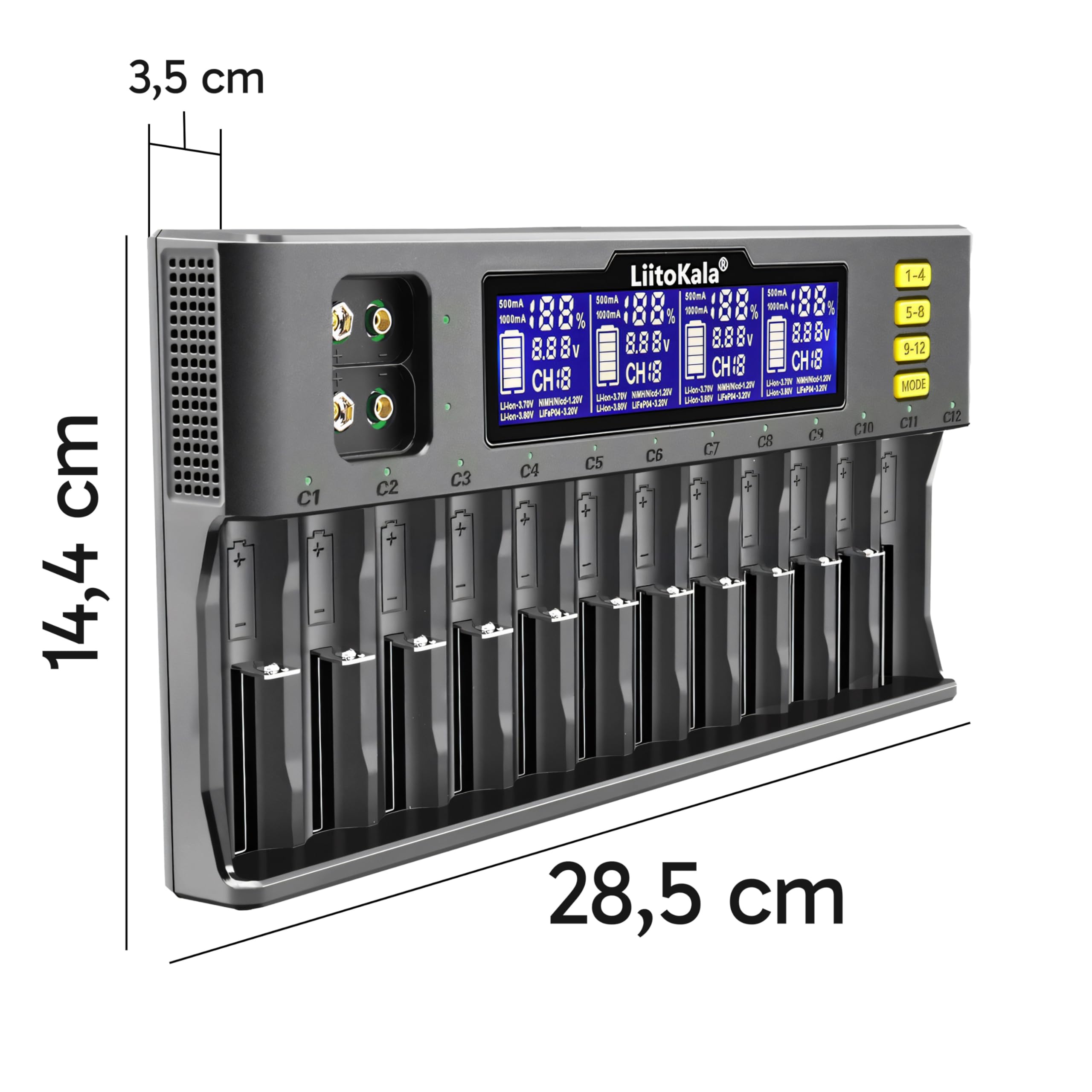 Retoo Ładowarka do akumulatorów AA, AAA, 9 V NI-MH/NI-CD, Li-ion-3,70 V/3,80 V, LiFePO403.20V, 12 miejsca do ładowania, uniwersalna szybka ładowarka z wyświetlaczem LCD, baterie wielokrotnego