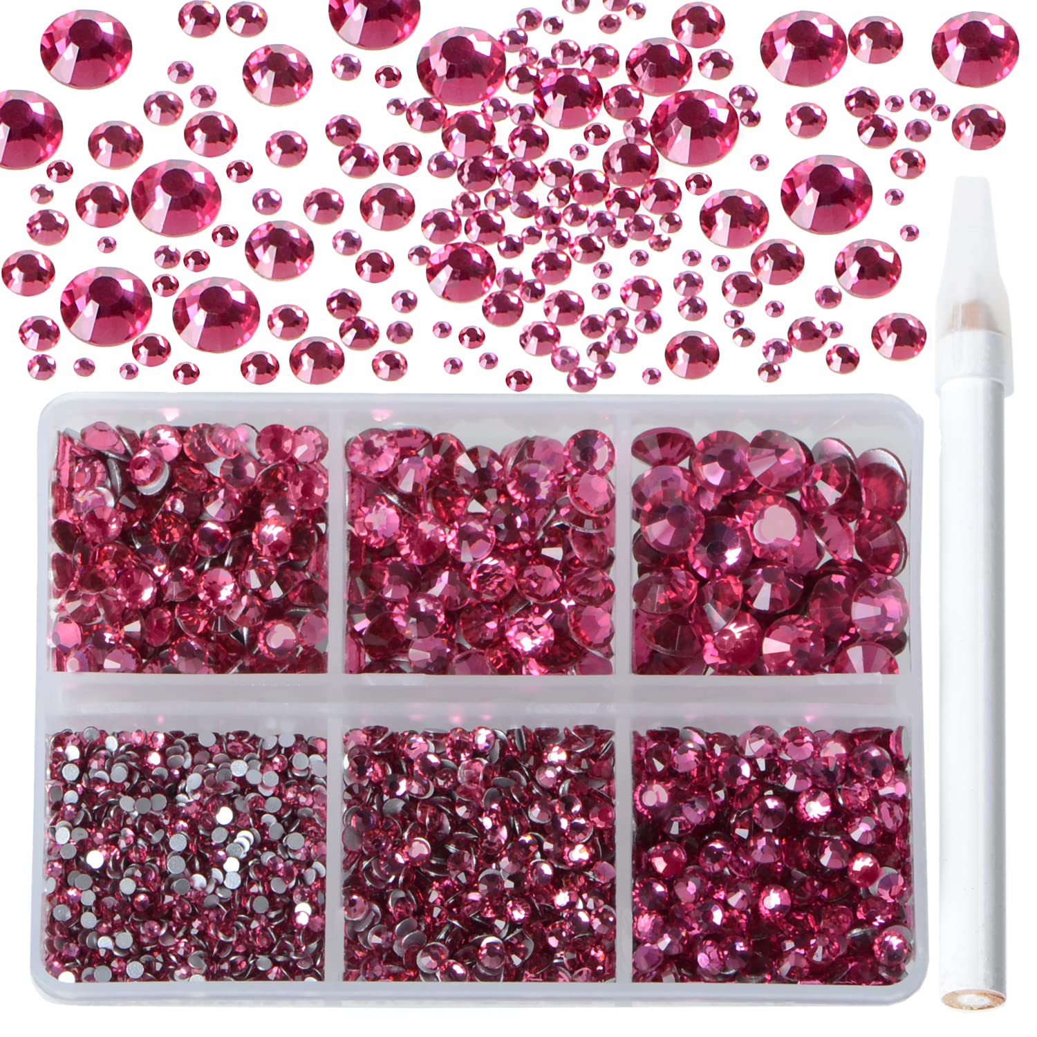 Bymitel 5000 Pieces 6 Mixed Sizes Glue Fix on Glass Rhinestones Round Crystal Gems Flatback for DIY Jewelry Making with one Picking Pen(6-Sizes 5000PCS, Rose)