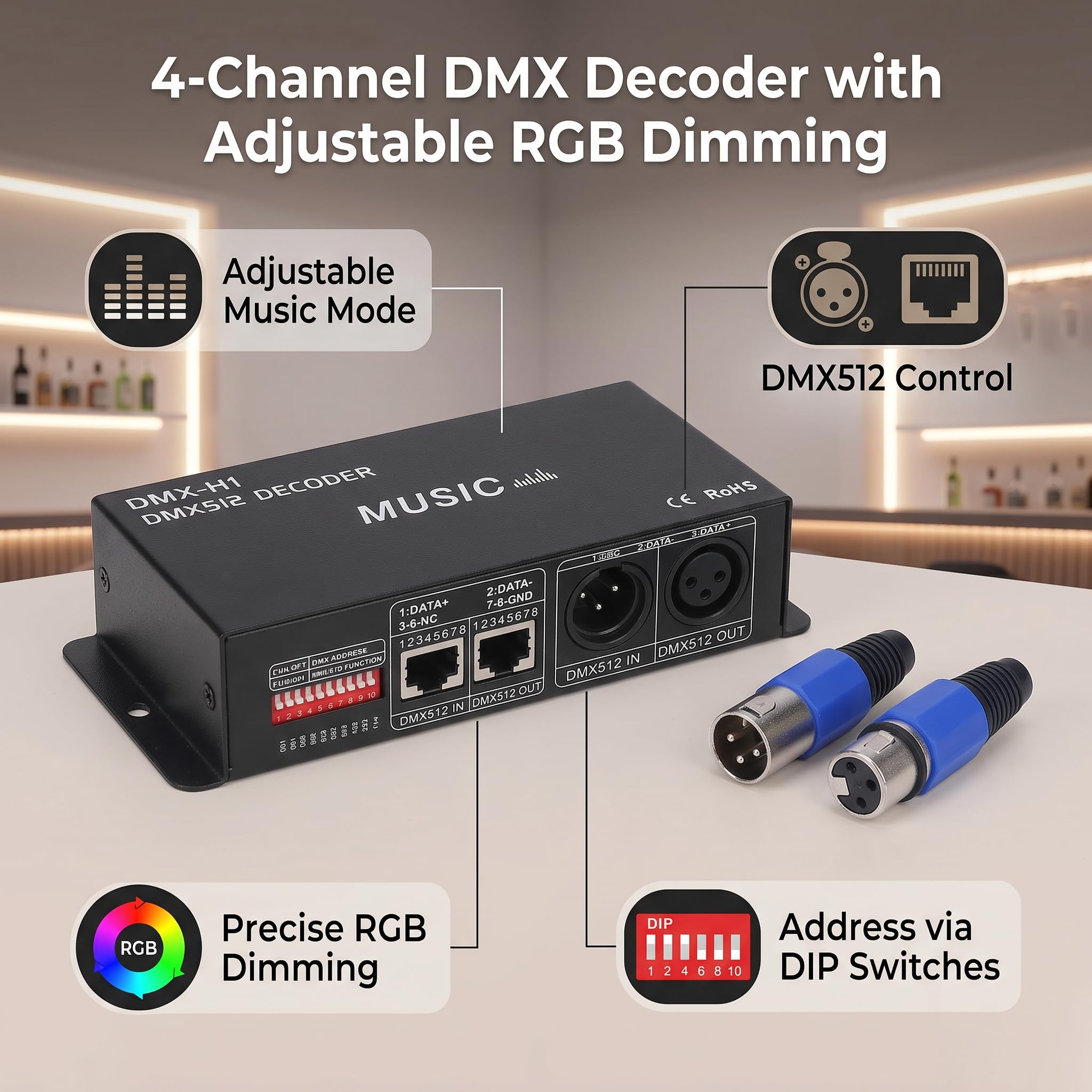 Decodificador DMX, Decodificador DMX 512 de 4 Canales, Decodificador RGB Ajustable Controlador de Decodificador DMX Decodificador LED para Bar Hotel Sober Bar (8A por canal)