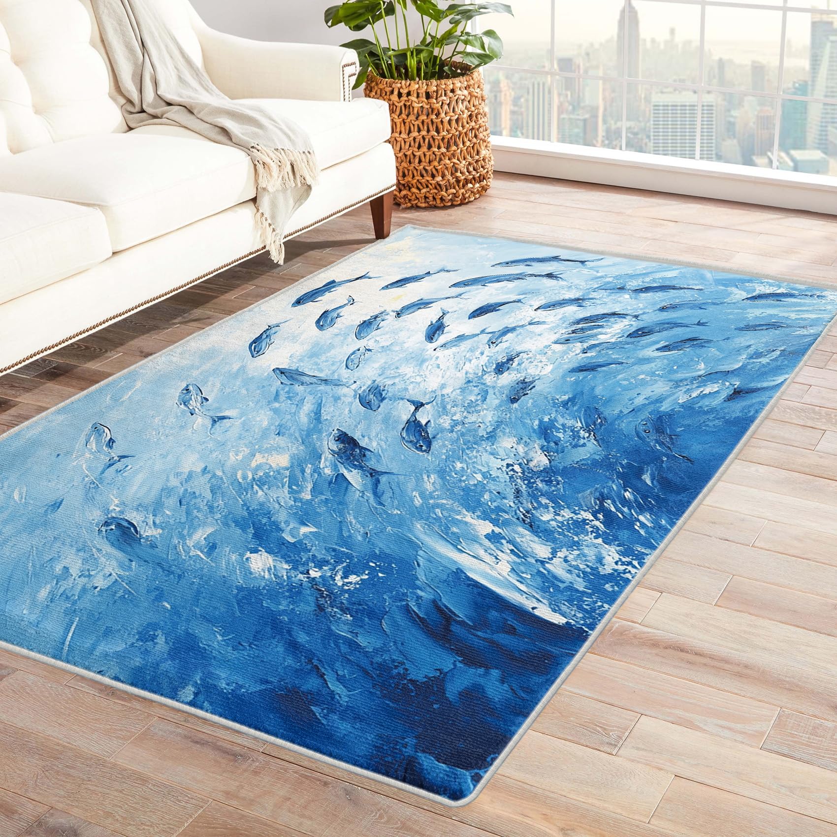 Fish Rugs for Living Room 6x9, Blue Ocean Wave Sea Life Pattern Design Area Rug, Fish Bedroom Decor Carpet, Non Slip, Washable NN398