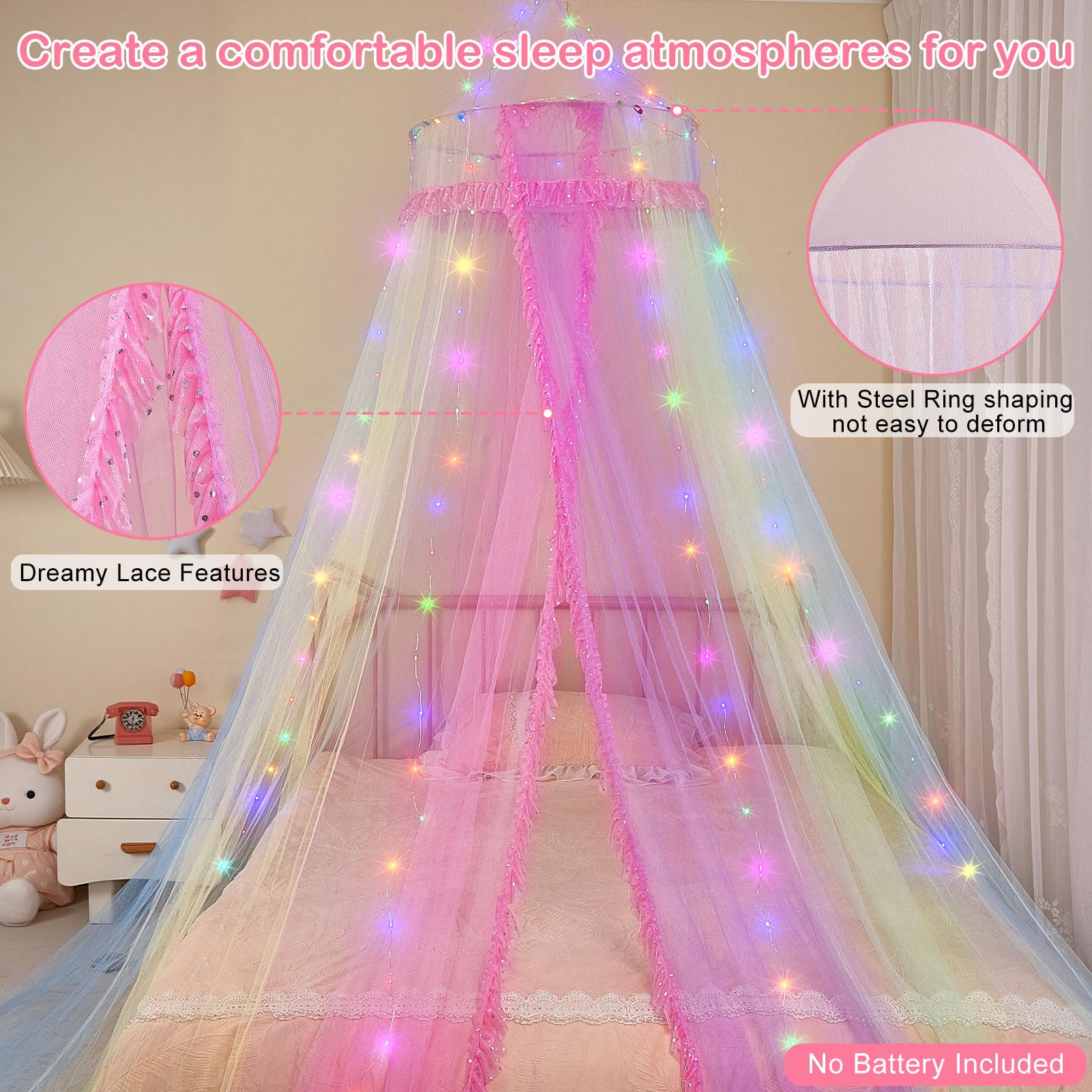 MHJY Baldacchino per Letto per Ragazze, Zanzariera per Letto per Bambini con Luci LED e Telecomando, Decorazione per Camera da Principessa, Accessori per Camera da Letto per Bambini