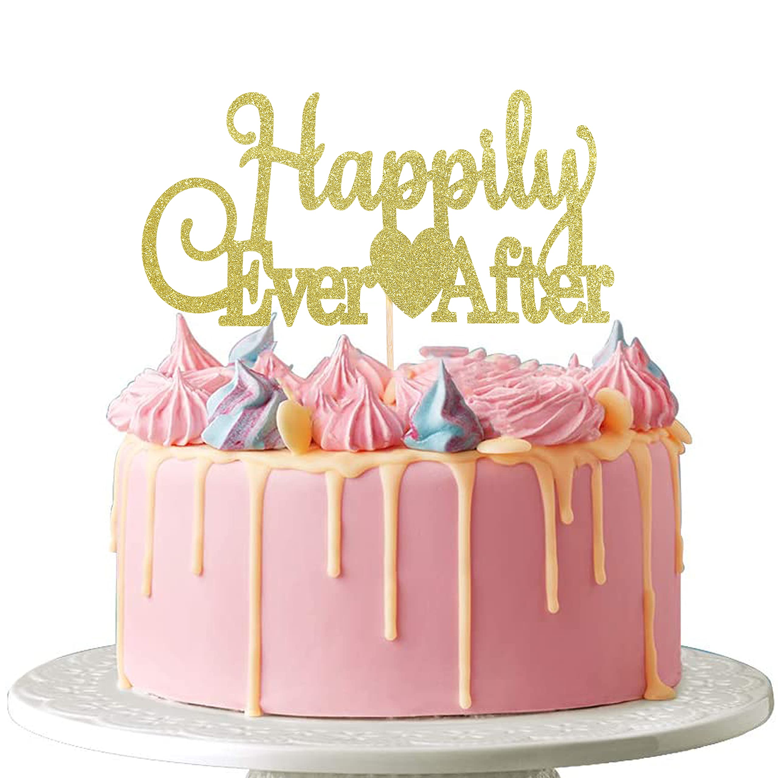 Happily Ever After Cake Topper - Gold Glitter Wedding Cake Topper, Bridal Shower Decorations, Bride to Be Decorations, Bachelorette/Engagement Party Cake or Dessert Table Decoration Supplies
