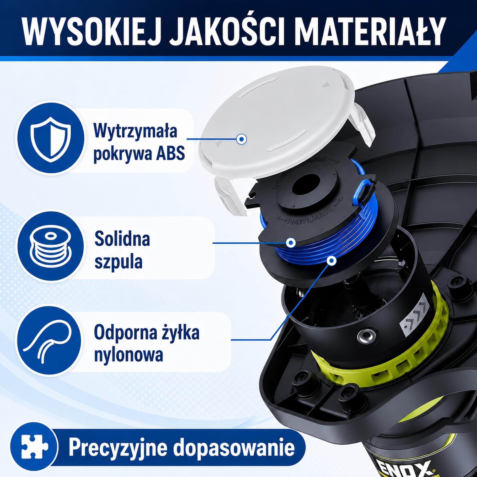 12 x szpula do podkaszarki + 4 x nasadka do Ryobi One+ 18 V, 24 V, 40 V, zapasowa szpula żyłki AC14RL3A, kompatybilna z podkaszarką do trawy Ryobi, nylon Ø 1,65 mm, długość 3,35 m