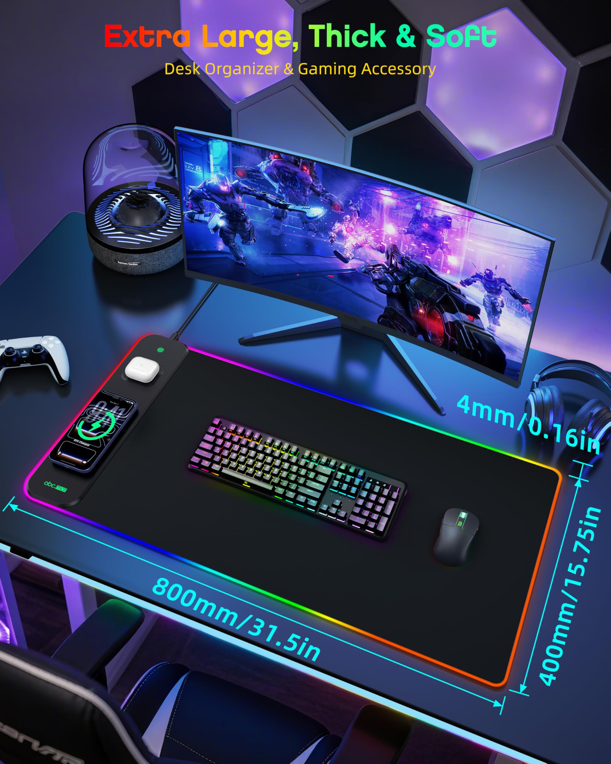 Alfombrilla de mouse RGB 3 en 1 para juegos con carga inalámbrica magnética, 31.5 x 15.8 pulgadas, grande, 24 efectos de luz, base antideslizante, superficie ultra lisa impermeable, con