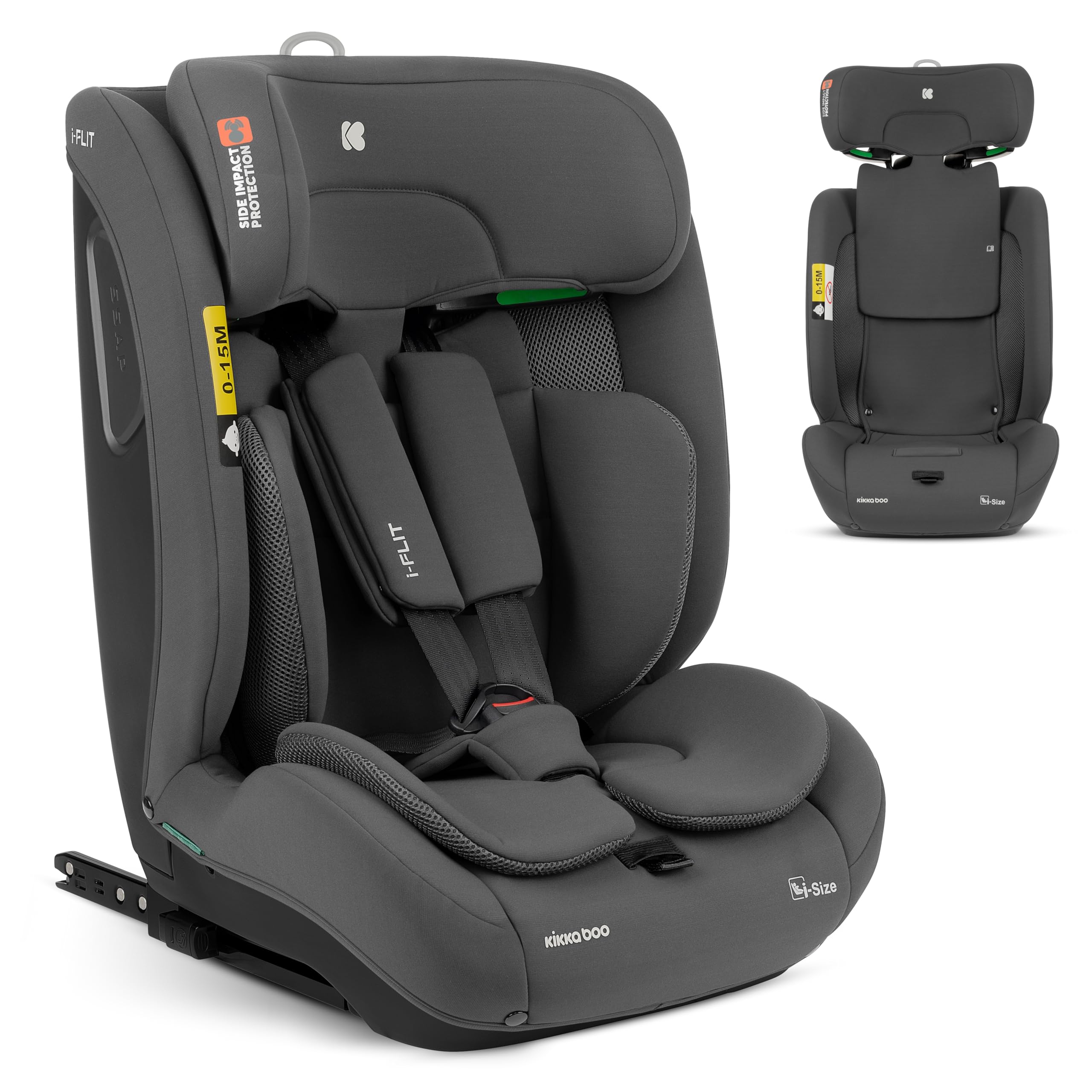 KikkaBoo i-Size i-FLIT, Seggiolino Auto 9-36 kg ISOFIX – Gruppo 1/2/3, Reclinabile, da 15 mesi a 12 anni, Protezione SPS, Top Tether, Poggiatesta Regolabile, Grigio scuro