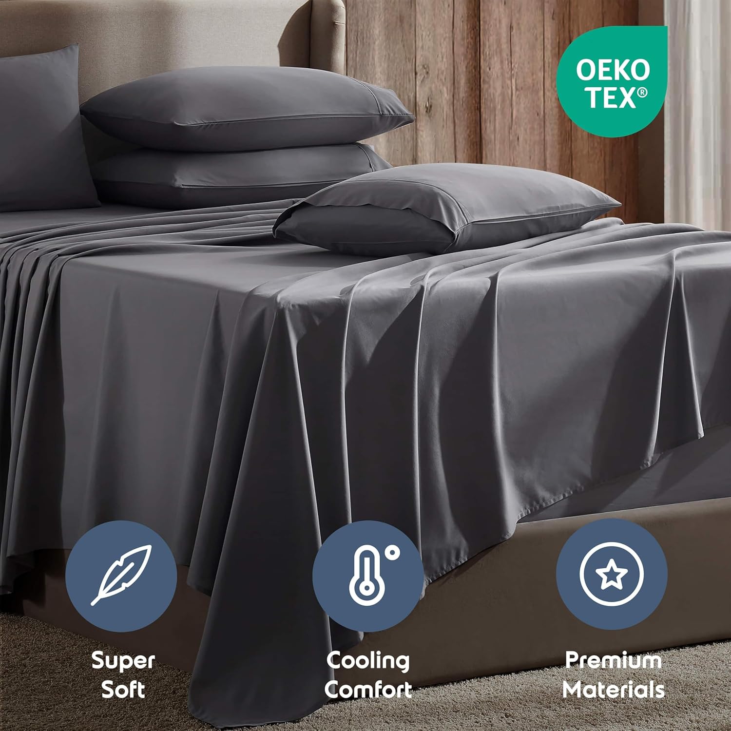 Nestl Extra Deep King Sheet Set - 6 Piece Breathable & Cooling Sheets - Hotel Luxury Bedding Set w/18-24 Inch Deep Pockets - Easy & Secure Fit - Super Soft, Wrinkle Free & Comfy - Dark Gray - Image 4