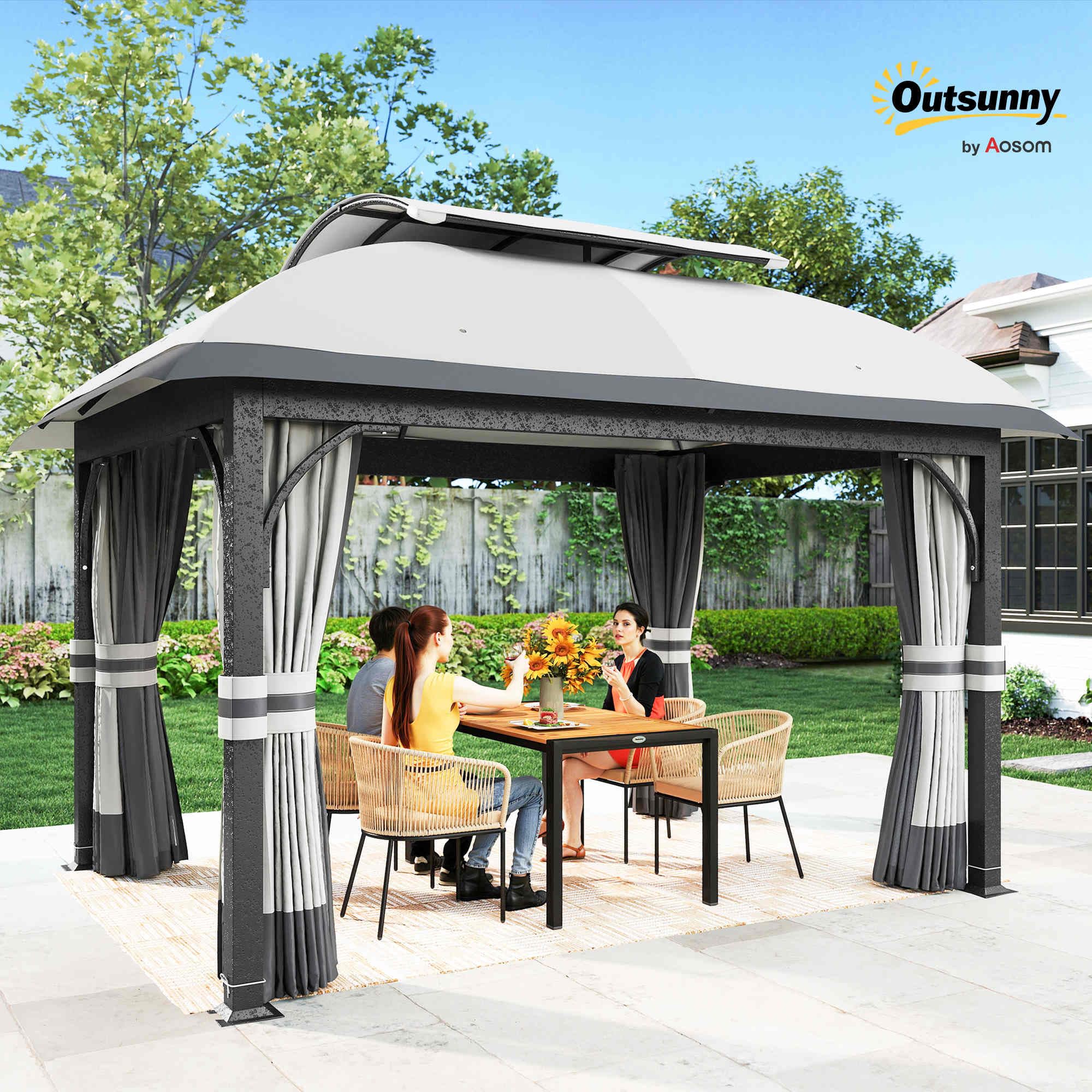 Outsunny Gazebo da Giardino con Zanzariere e Porte 4x3.3 m Grigio Chiaro | Doppio Tetto, Fori di Drenaggio, Gazebo da Esterno, Metallo e Poliestere, per Giardino Feste Campeggio, UV20+