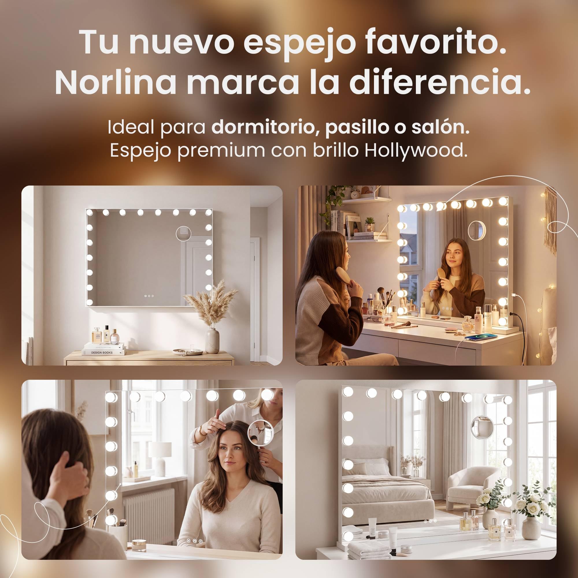 CLP Espejo de Maquillaje con Iluminación 80x60 cm Norlina, Altavoz Bluetooth, USB, Estilo Hollywood, Montaje en Pared o de Pie, Color:Blanco, Contenido del Set:con Bluetooth