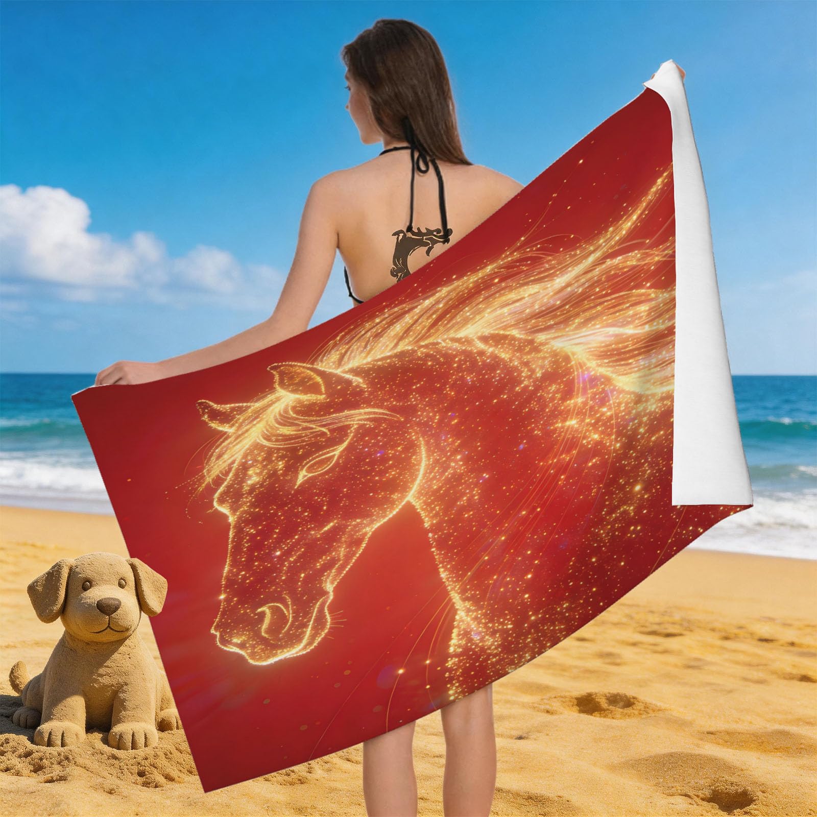 Leichong 3D Glowing Horse Beach Towel Large Microfiber Soft Quick Dry for Adults, Dreamy Bath Towel Lightweight Soft Absorbent for Travel Swimming Pool Sports, 180 x 90 cm
