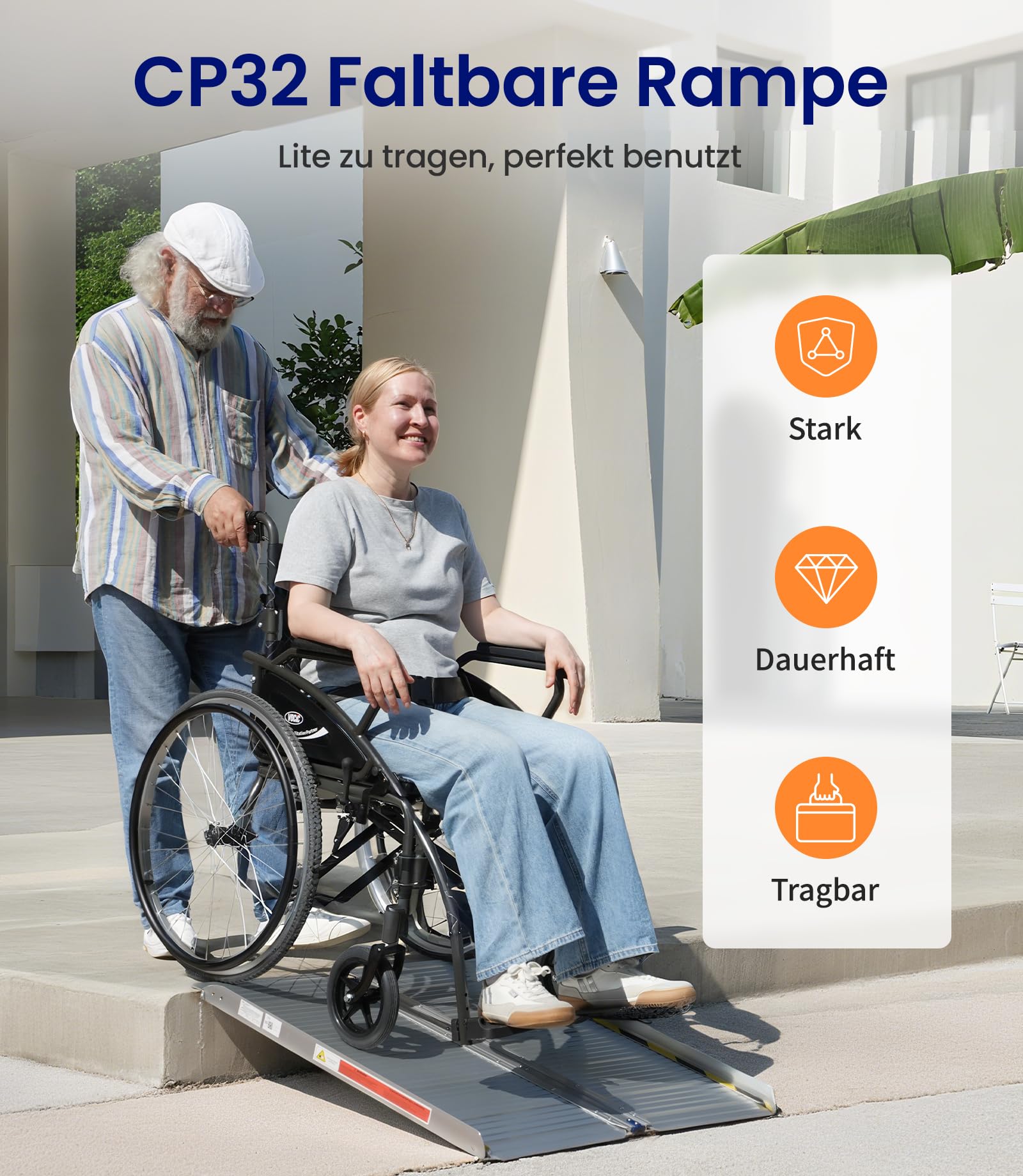 VOCIC CP32 Rampe Rollstuhl Klappbar,Rollstuhlrampe faltbar 90CM für Treppen | Langlebig Aluminium Rampe bis 300KG für Rollstuhl 76CM Extrabreit,Leicht Treppenrampe Auffahrrampe Zuhause Auto geeignet