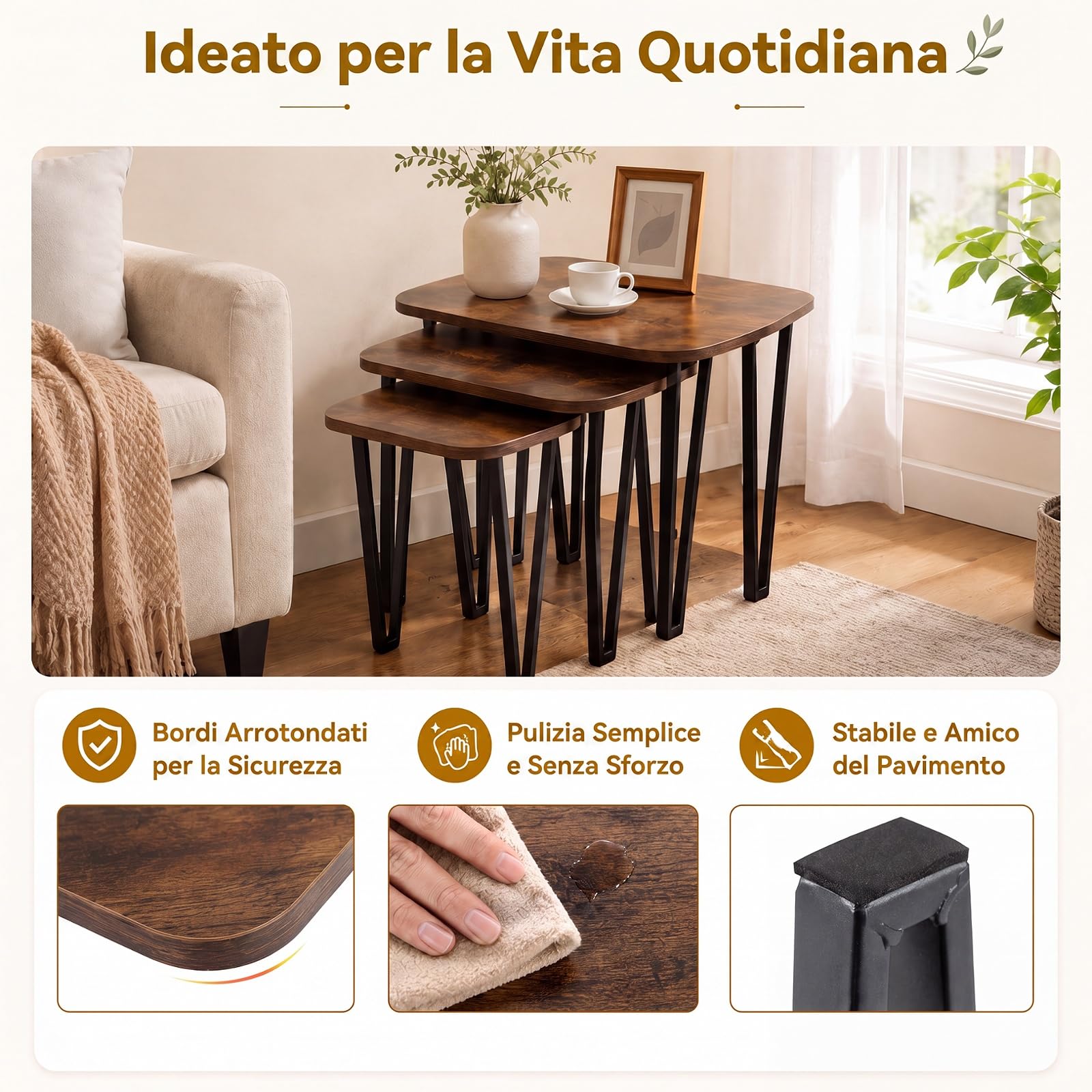 RELAX4LIFE Set 3 Tavolini Sovrapponibili da Salotto con Ampio Piano | Tavolini da Caffè Impilabili con Struttura in Metallo Robusta e Aspetto Industriale per Soggiorno, Sala d'Attesa e Ufficio
