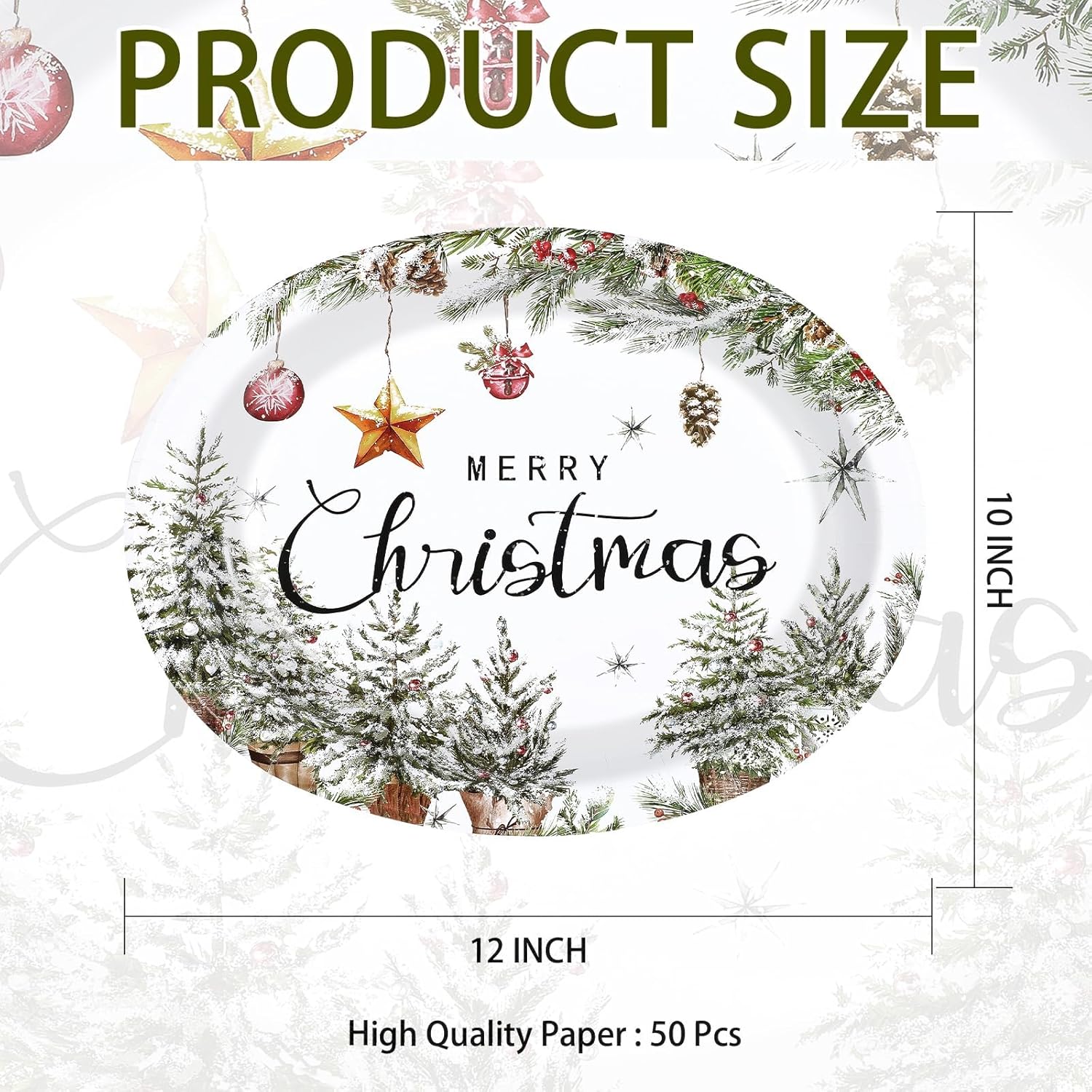 50Pcs Christmas Oval Paper Plates 10" x 12" Large Disposable Heavy Duty Xmas Trees Holly Pine Cone Paper Platters Farmhouse Dessert Plates for Merry Christmas Winter Holiday Dining Party Supplies