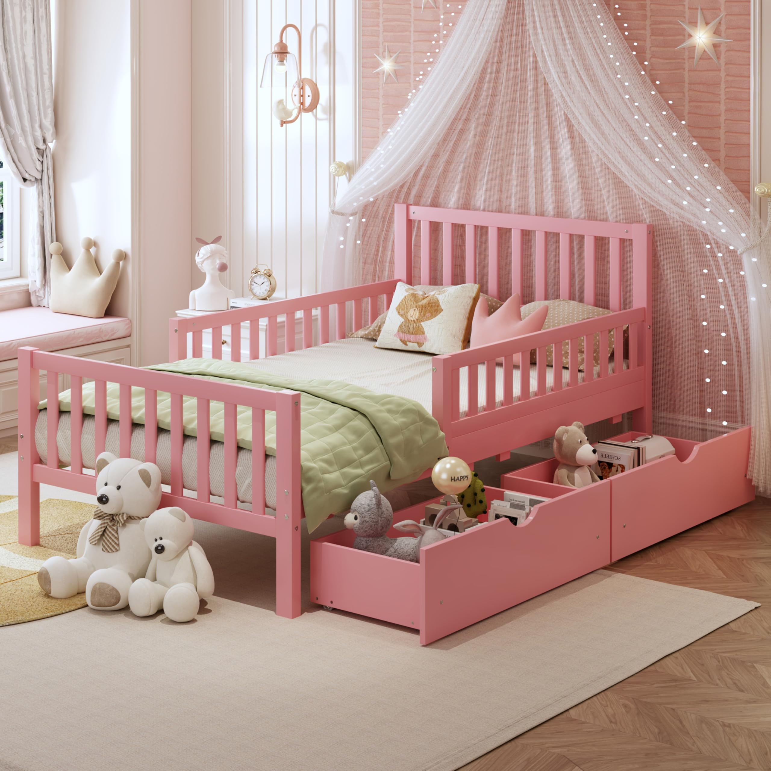 Bellemave Girls Twin Bed Frame with Fences and 2 Drawers, Kids Twin Platform Bed with Guardrails on Both Sides, Pink
