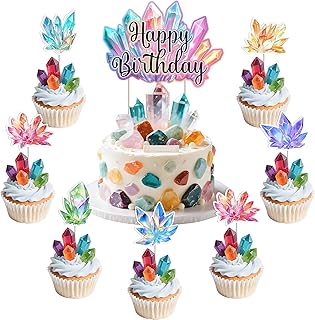 25Pcs Colorful Crystals Birthday Cake Cupcake Toppers, Geology Themed Ha...