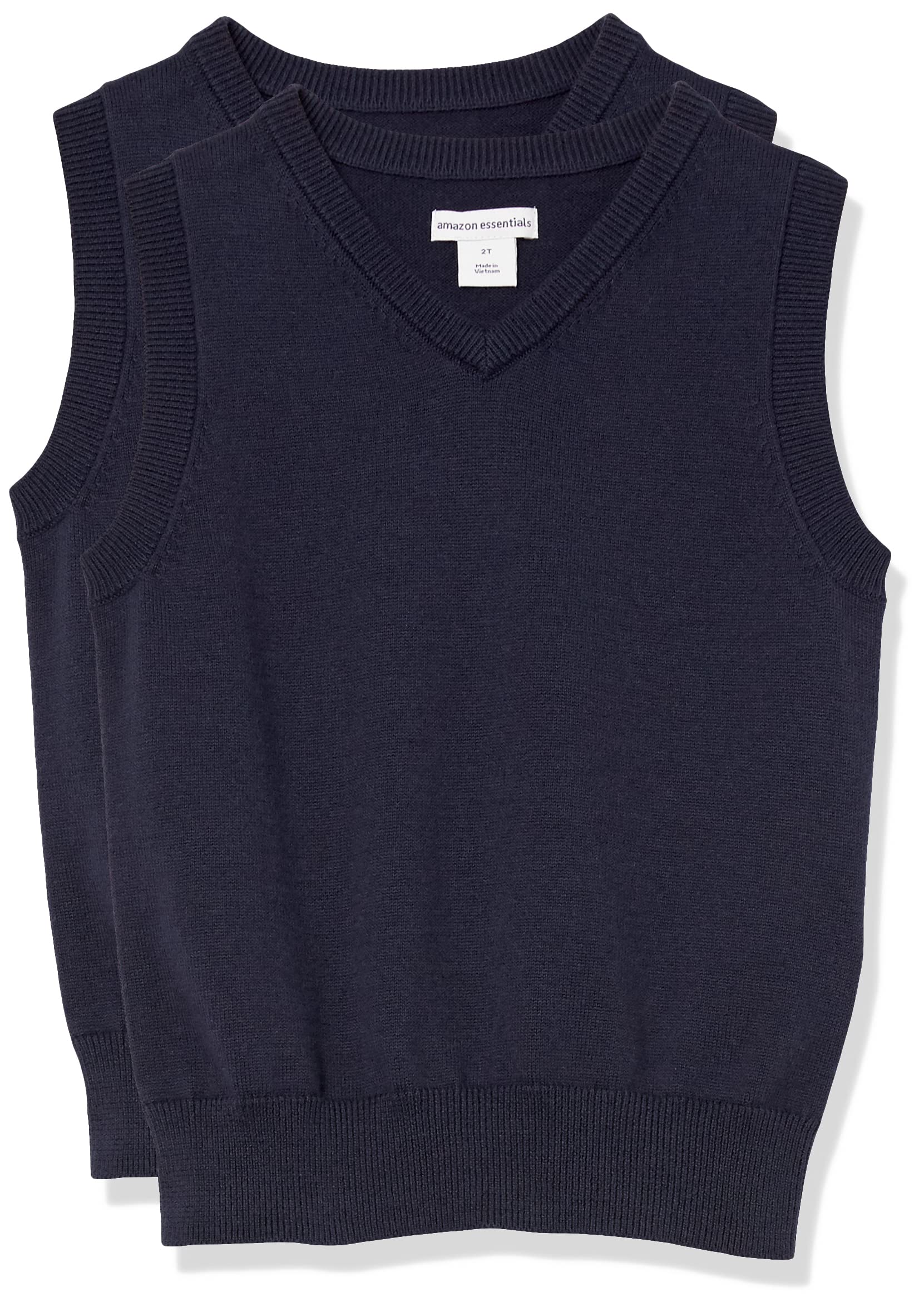 Amazon Essentials Toddler Boys' Uniform Cotton V-Neck Sweater Vest, Pack of 2, Navy, 3T