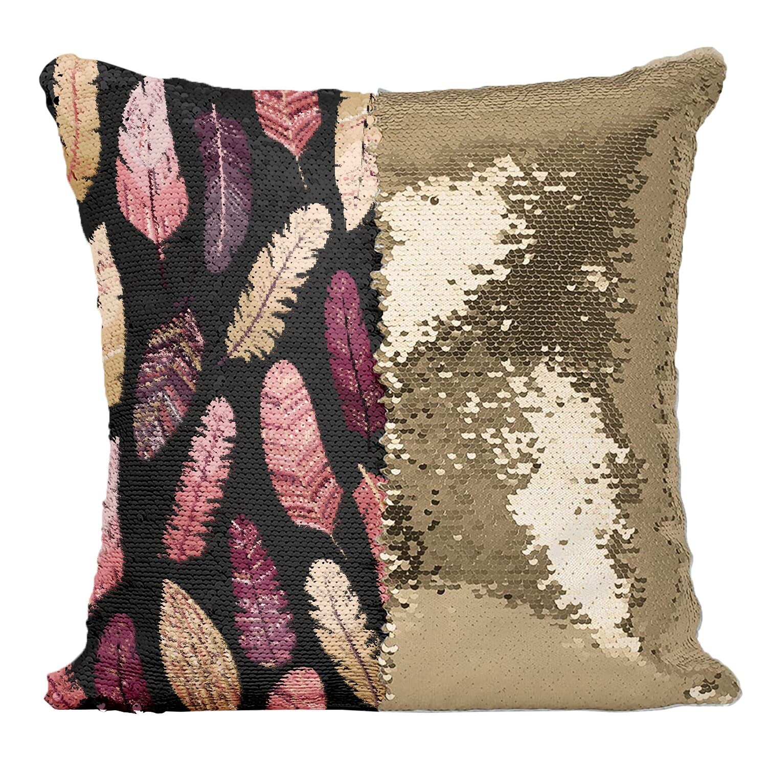 Coussin paillettes doré motif plumes bohème noir tribal chic déco