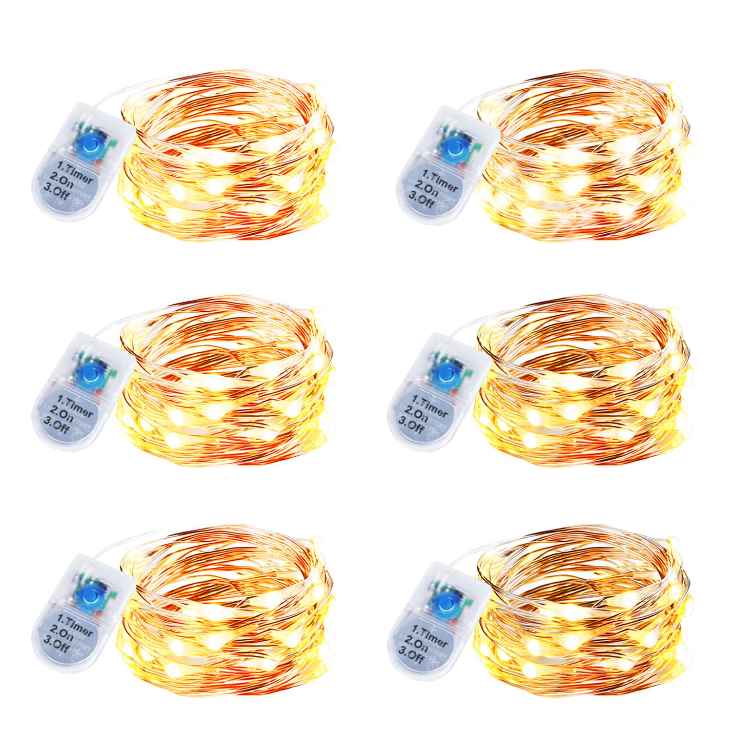 innolife 6 Stück Aufgerüstet LED Lichterkette mit Timer, CR2450 Batterie, 2M 20LEDs Kupferdraht Mini Lichterketten Klein für Party Weihnachten Halloween, Wasserdichte Innen Deko Lichter, Warmweiß