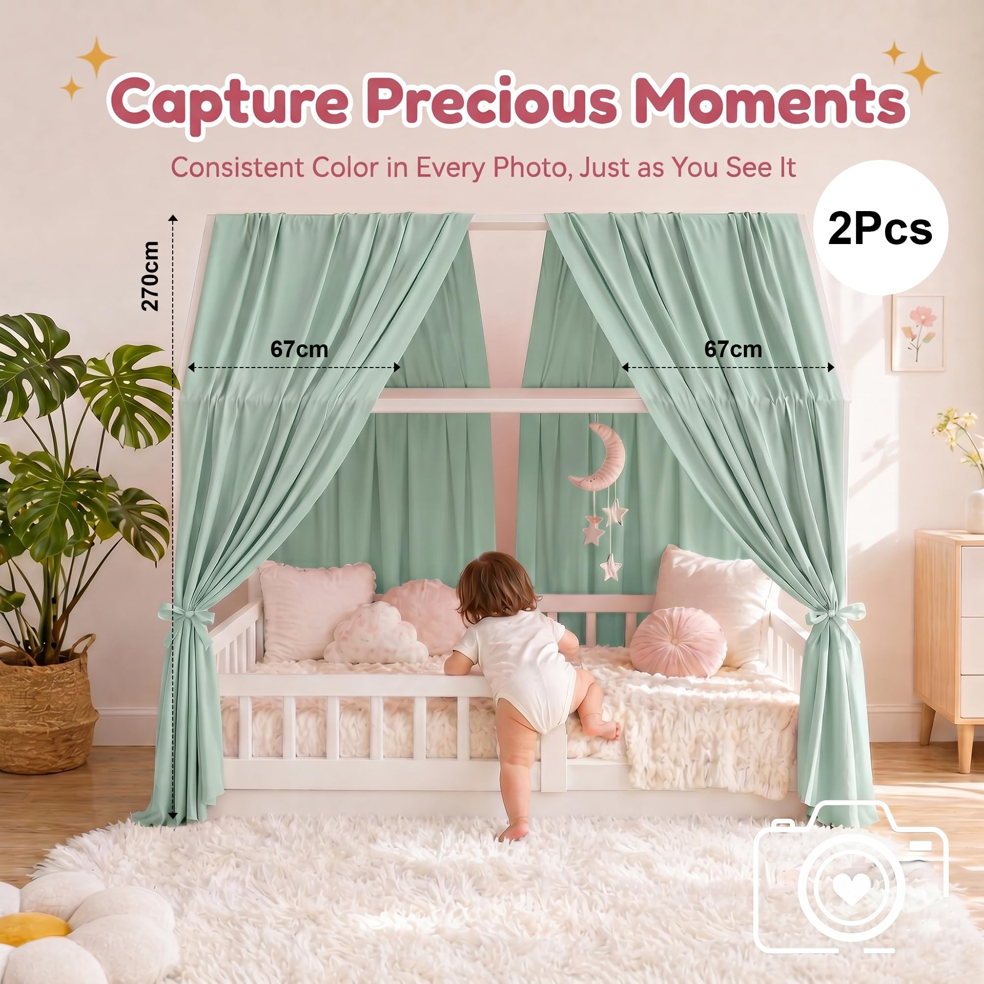 RANJIMA Hausbett Himmel,2 Stück Betthimmel Hausbett aus Musselin, Betthimmel Kinderbett Stoffhimmel für Hausbett Mädchen Jungen Baldachin Kinderzimmer Deko Vorhang Set für Kinderbett 67 x 270 cm Grün
