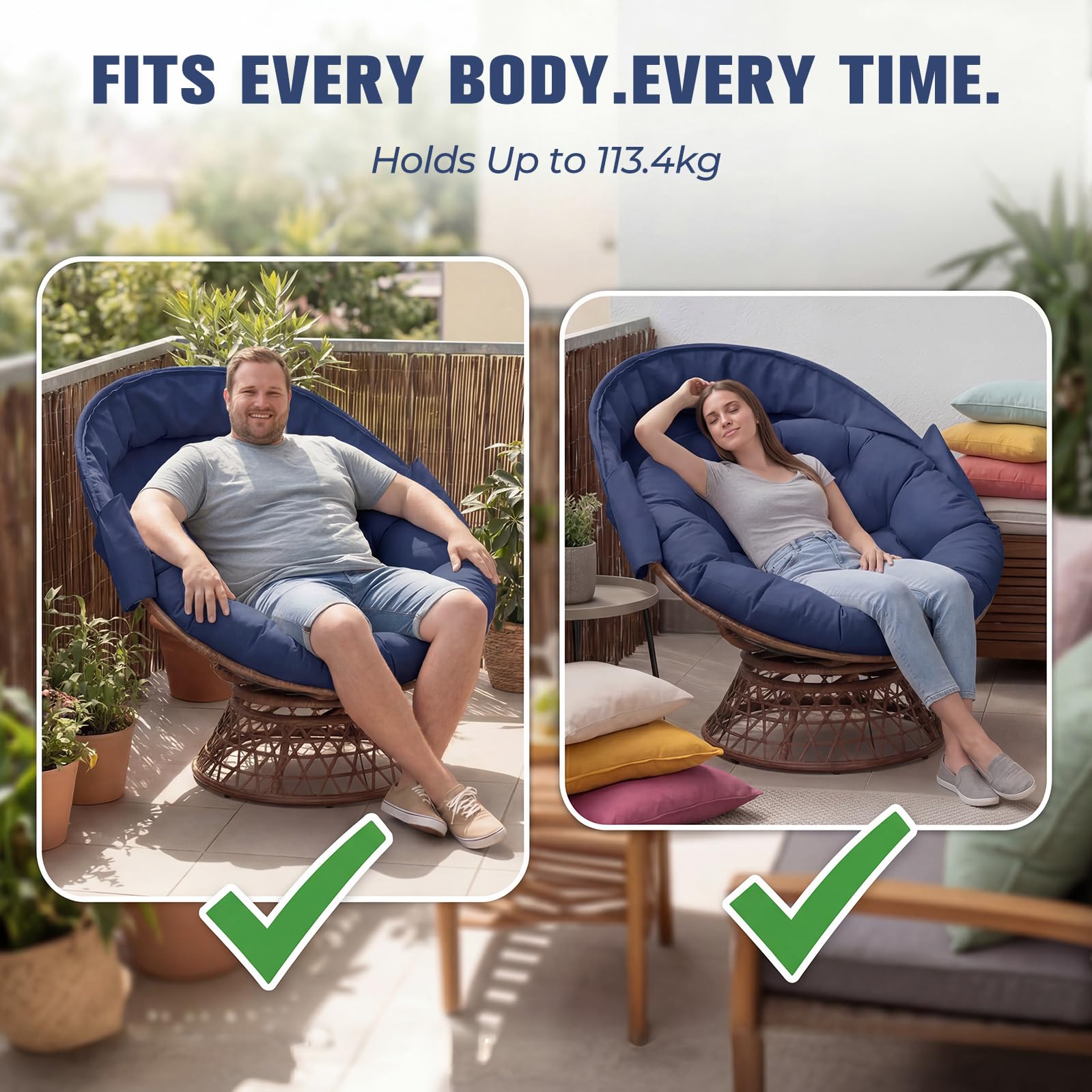COMHOMA Poltrona da papasan, comoda poltrona girevole con cuscino rotondo, comoda poltrona in rattan, girevole, in vimini, per soggiorno, angolo lettura, lounge – blu